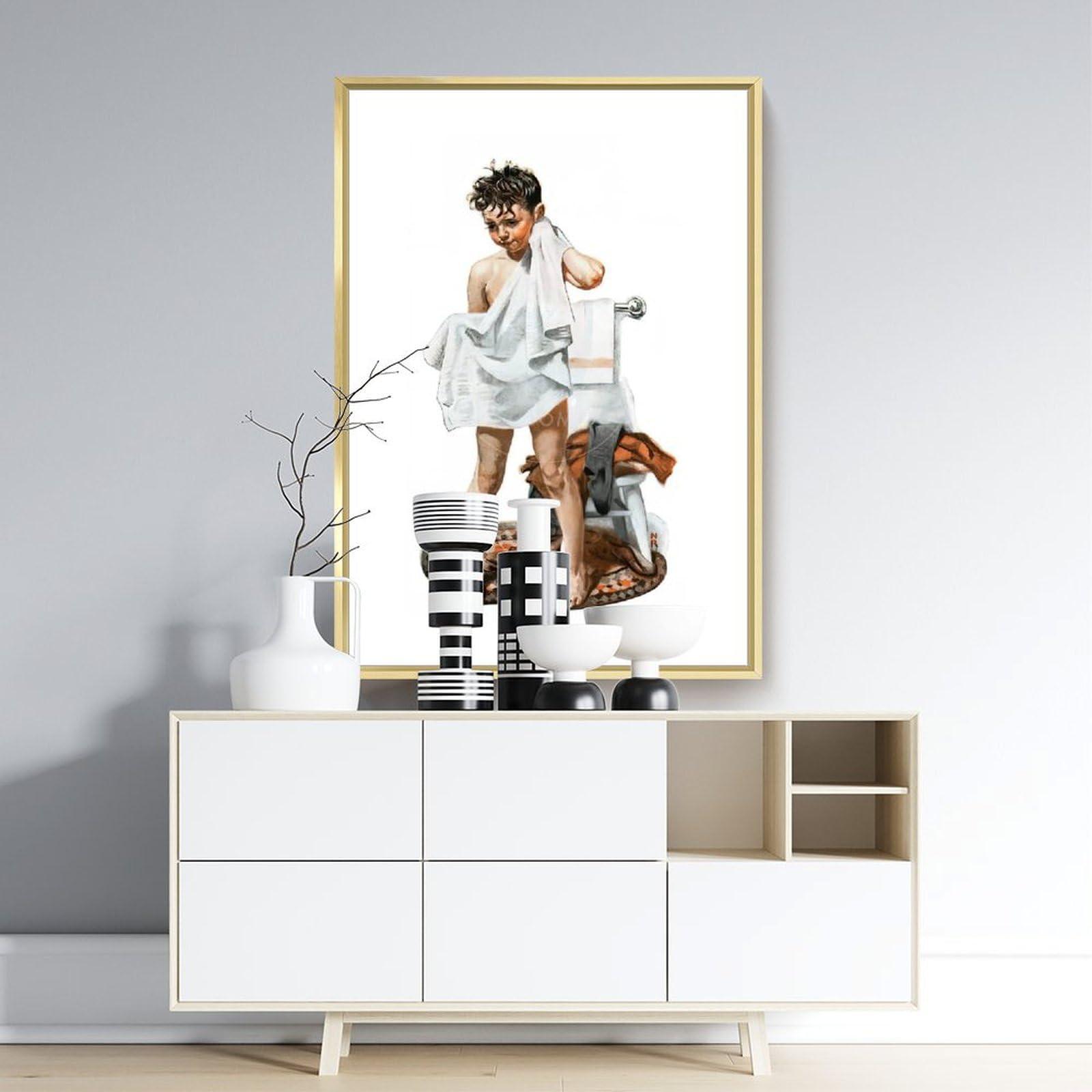 UdaCa C-L-E-A-N Boy Drying Off after Bath-low_res by Norman Wall Art Rockwell Poster Print for Teen Boys Room Wall Art Canvas Painting Print Ready to Hang Framed Golden 16x24inch(40x60cm)