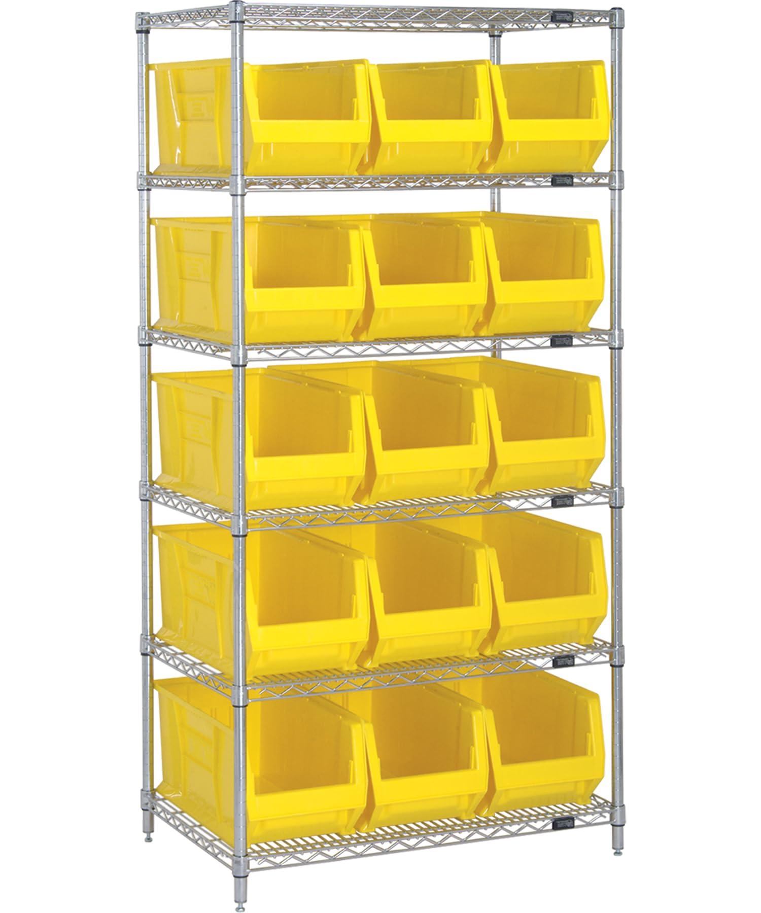 QUANTUM STORAGE SYSTEMS Quantum Storage Systems WR6-953YL 6-Tier Complete Wire Shelving System with 15 QUS953 Yellow Hulk Bins, Chrome Finish, 24" Width x 36" Length x 74" Height