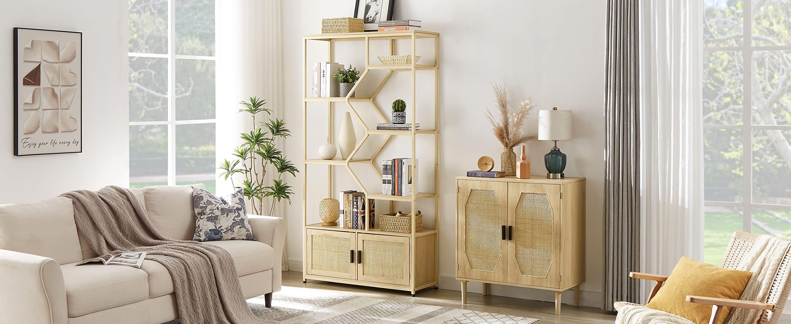 SPOFLYINN SPOFLYINN 7-Tier Bookshelf, Rattan Bookcase with 2 Doors Storage Cabinet Organizer, Free Standing Shelf Units for Living Room Home Office, 39.4''W x 13.8'' D x 75.6'' H Natural As Shown One Size