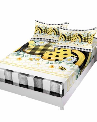 Alandar Home Cal King Fitted Bed Sheet Deep Pocket,Summer Daisy Bee Love Heart Eucalyptus Leaves Bedding Sheet Soft Brushed Microfiber Fitted Sheets,Black White Plaid Hotel Fitted Bottom Sheet with Pillowcase Set