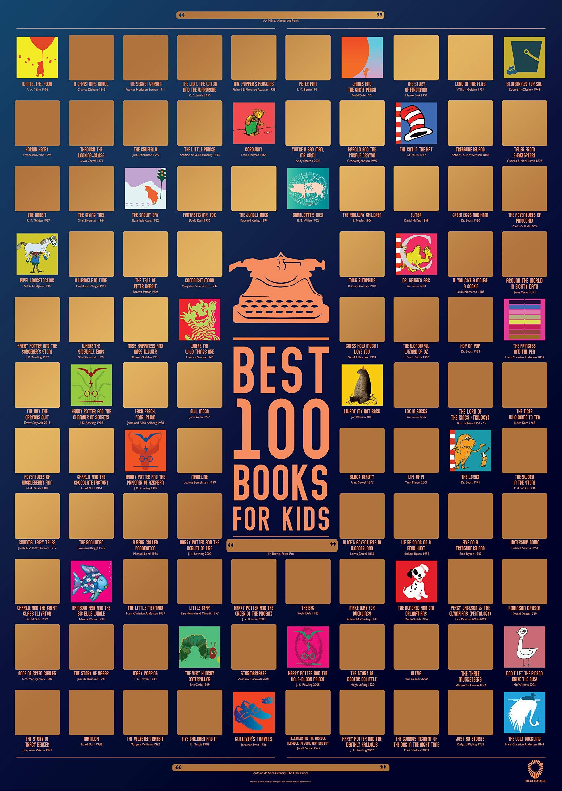 Travel Revealer Travel Revealer 100 Kids Books Scratch Off Poster, Best 100 Books for kids Scratch Off Poster, 24x17 Gold Foil Novel Scratch Off Poster with learn to read books