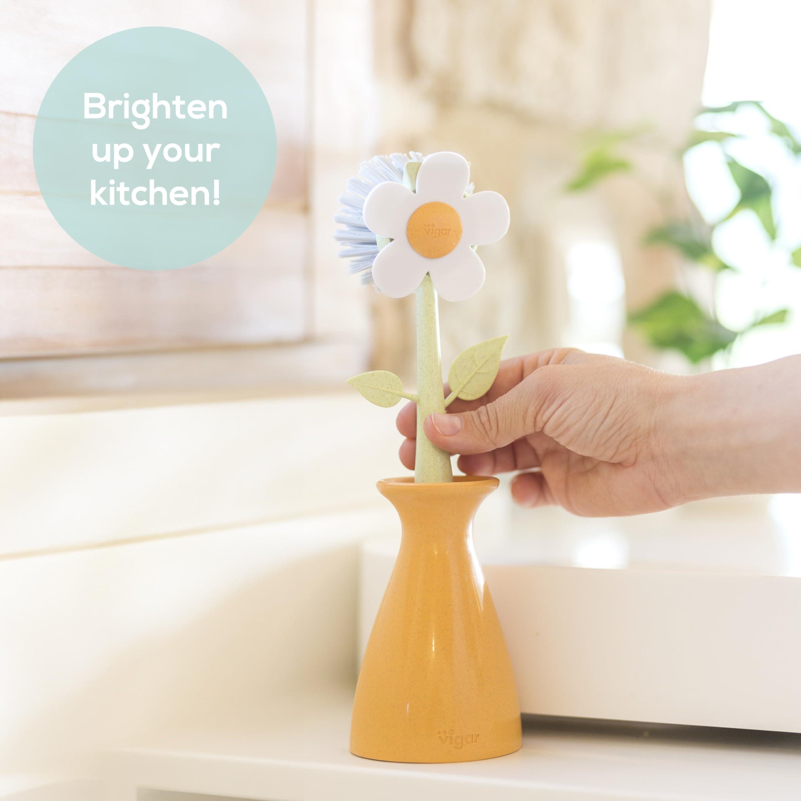 Vigar Vigar Florganic Daisy-Shaped Dish Brush with Vase Dish Brush Holder, Dish Brush with Handle, for Pot Scrubber, Kitchen Dishes, and Sink Cleaning, Orange