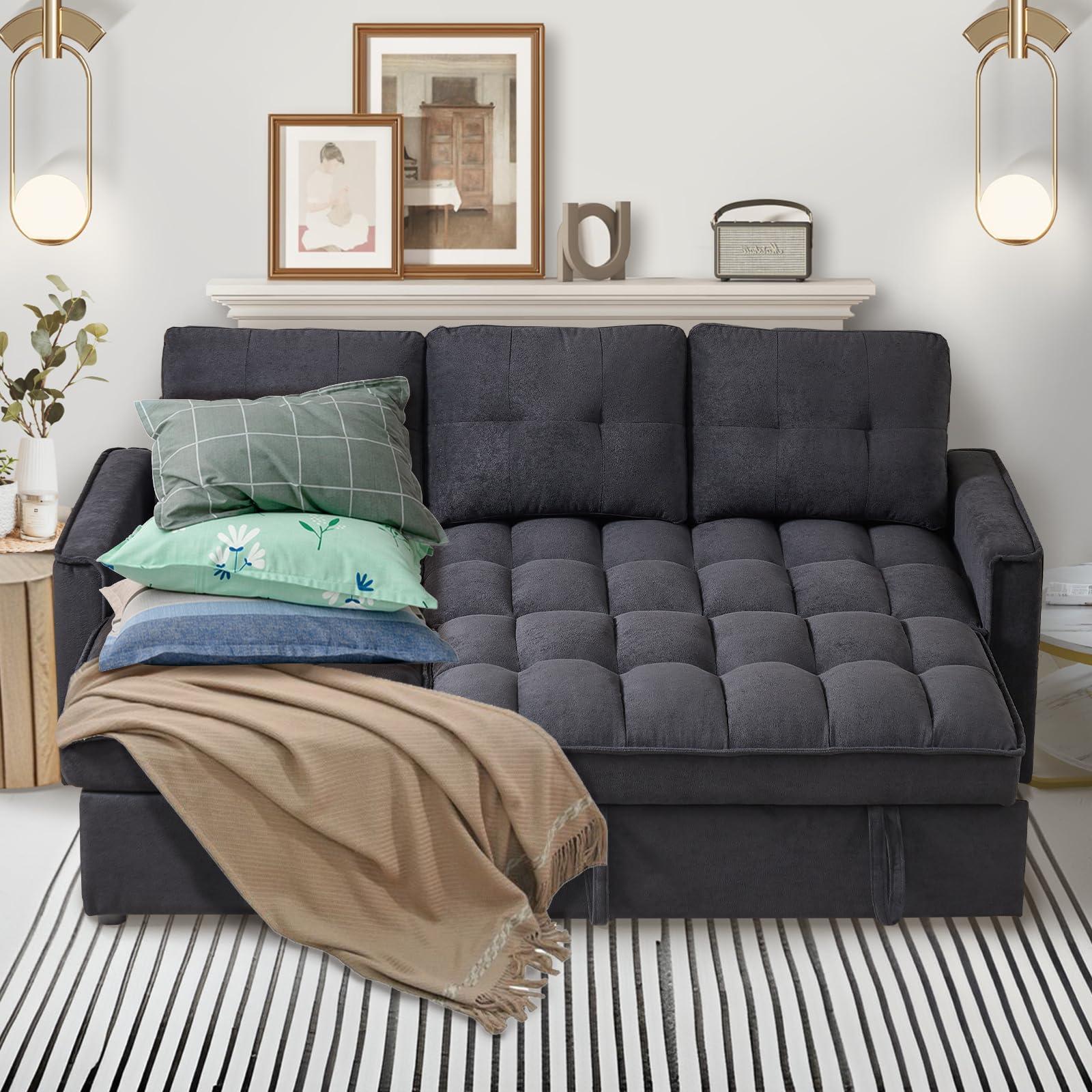 XUWANSHANG 78.75"L Shaped Sleeper Sofa Couch,Chenille Pull Out Couch,Reversible Sectional Sofa Bed with USB and Tape-c,Sleeper Sectional Sofa with Side Pockets,4 in 1 Pull-Out Sofa bed for Living Room (Black)