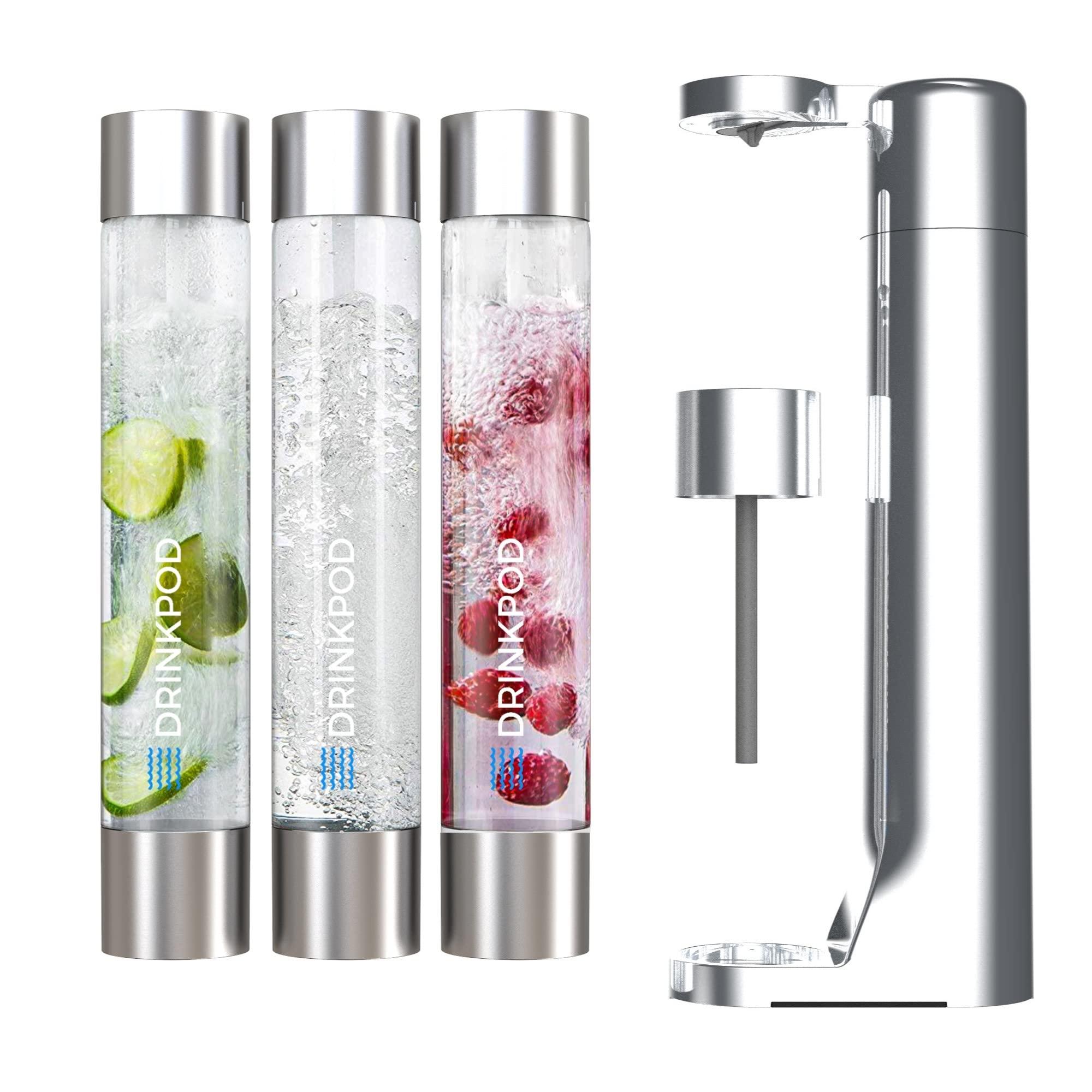 DRINKPOD Fizzpod Soda Maker Home Soda Carbonation,Fizzy Bubbly Drink Machine with 3 PET Bottles, 3 Caps, 1 Carbonator Cap and Manual, Coffee, Tea and Cocktail Drinks with Fruit (Chrome+2OrangeBrush)