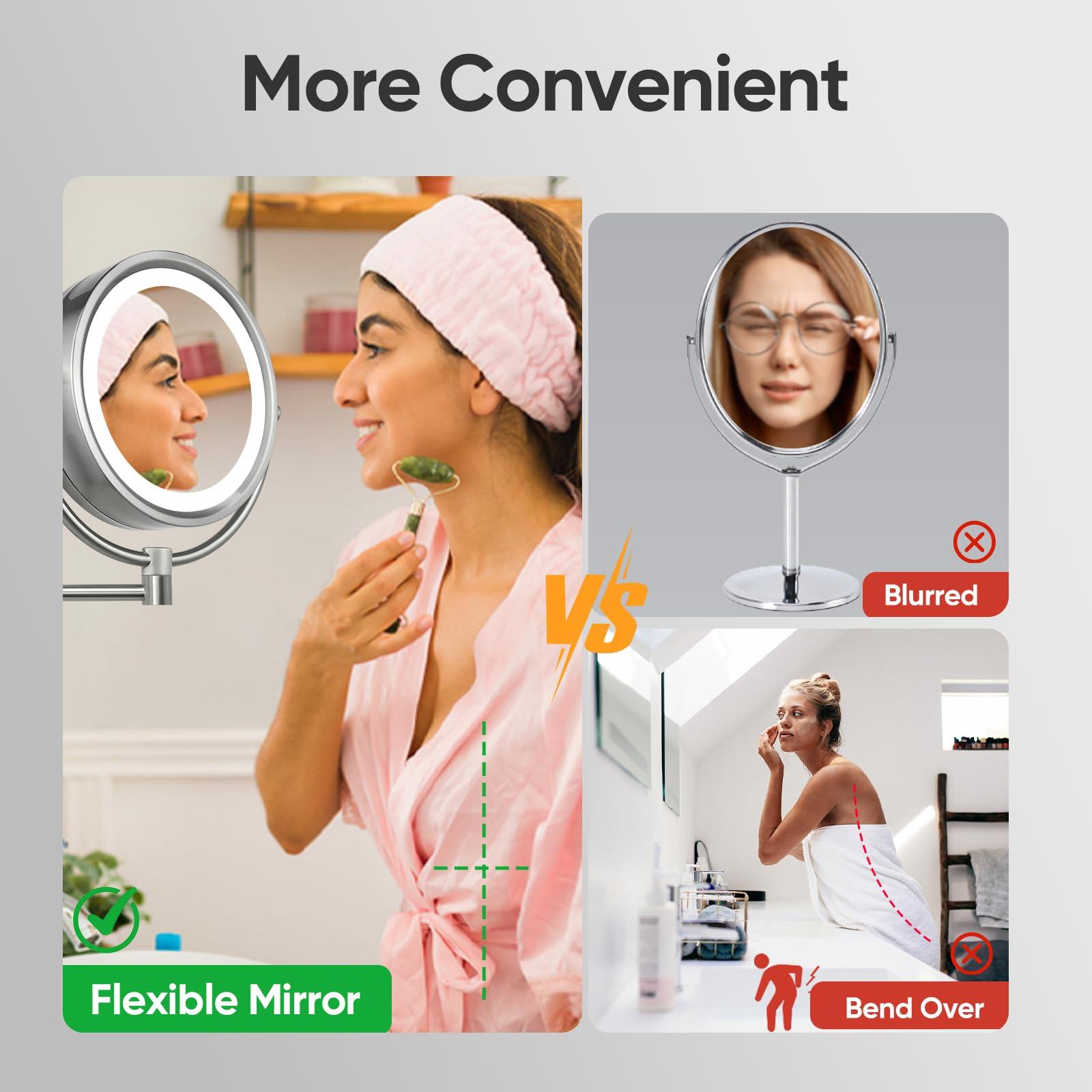 GURUN GURUN Wall Mounted Hardwired Makeup Mirror with 3 Dimmable LED Lights 10x Magnifying Mirror for Bathroom Touch Control 13\" Extendable Arm Direct Wire Brushed Nickel M1809DN (10x,Nickel)