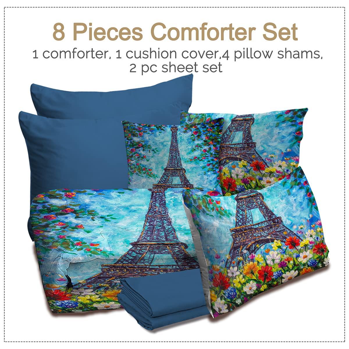 BlessLiving BlessLiving Eiffel Tower Comforter Set Bed in A Bag - Retro Blue, Paris Spring Flowers Oil Painting 8 Pieces Bedding Sets Ultra Soft Microfiber Bedroom Comforters with Sheets and Shams (Queen)