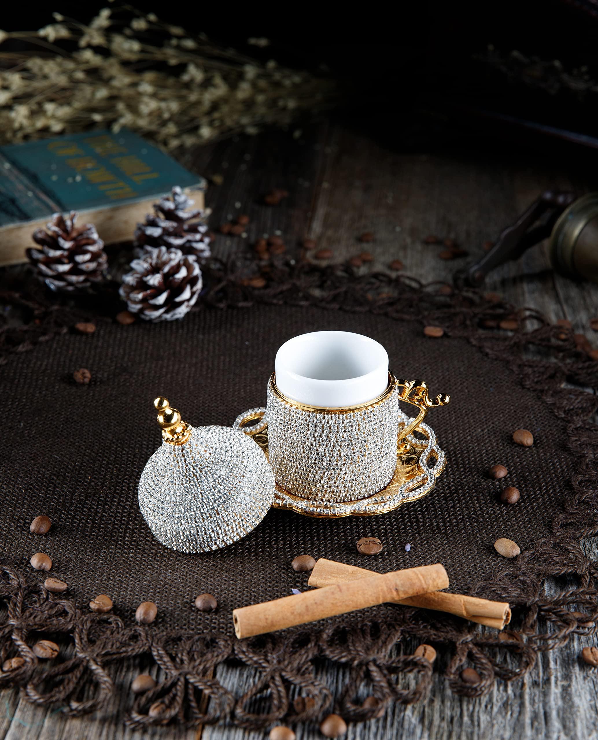 DEMMEX DEMMEX Turkish Coffee & Espresso Cup, Fancy Turkish Greek Arabic Coffee Cup with Inner Porcelain, Metal Holder, Saucer and Lid, Handmade with Crystals, 2 Oz - 60ml (Gold with Crystals)