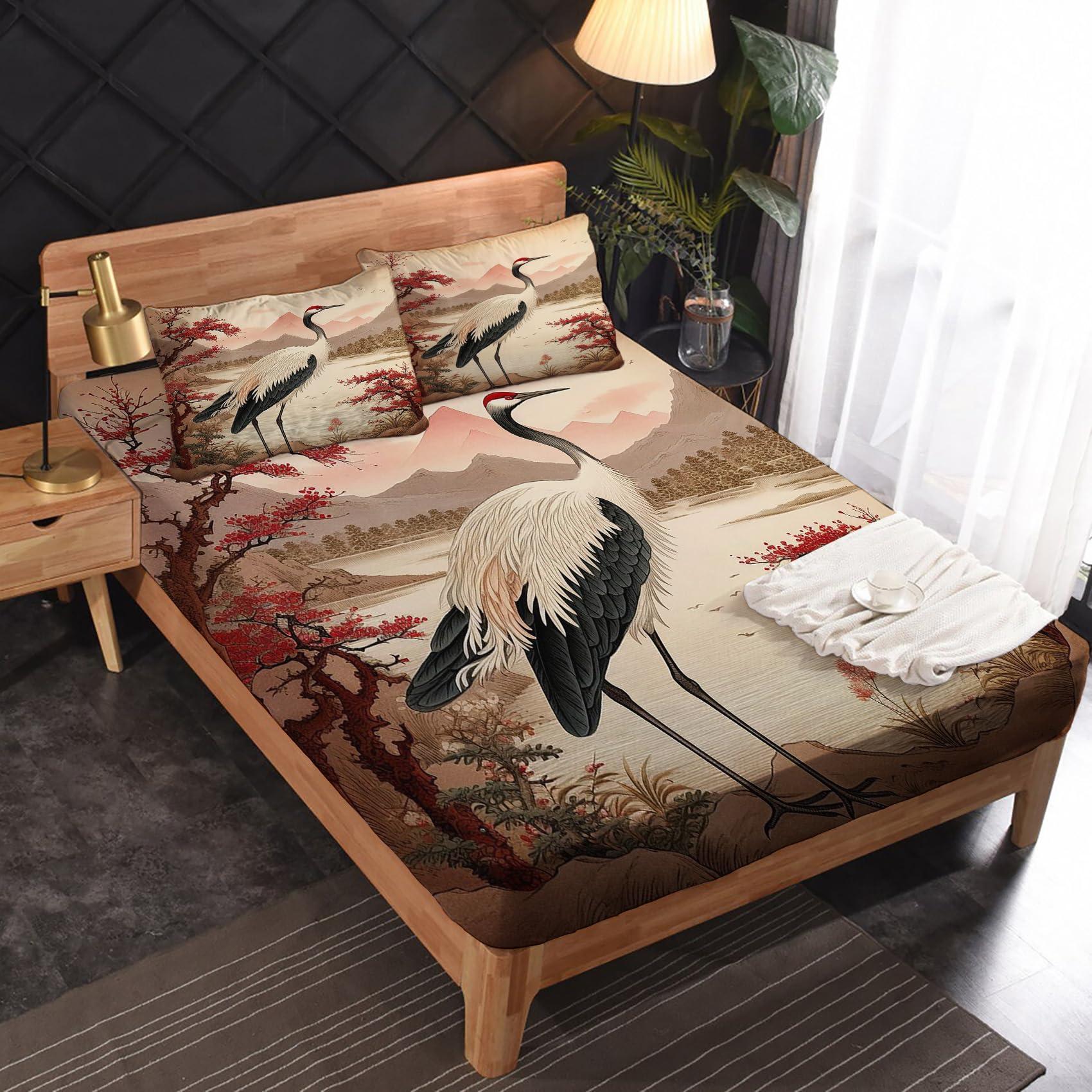 Zhrylliq Zhrylliq Japanese Crane Sheets Twin Size, Cherry Blossom Bed Sheets & Bedroom Decor, Asian Bedding Set 3 Piece - 16 Inch Deep Pocket Fitted Sheet,1 Flat Sheet, 1 Pillow Case, Microfiber