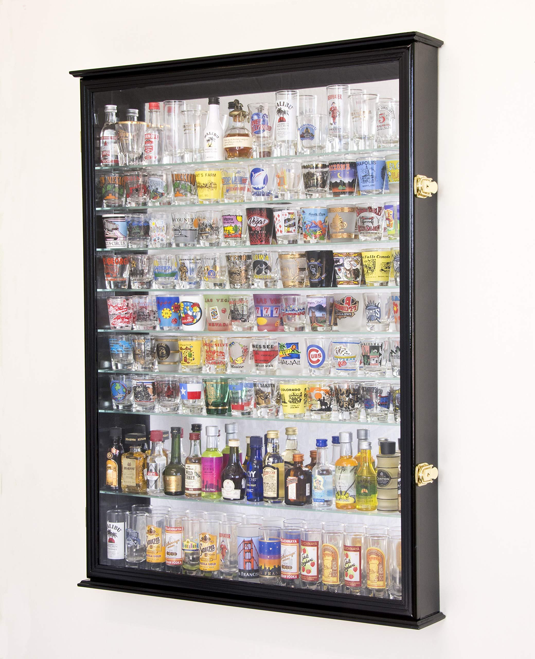 sfDisplay.com, Factory Direct Display Cases XL Shot Glass Display Case Rack Holder Cabinet w/Mirror Backed and 11 Glass Shelves -Black