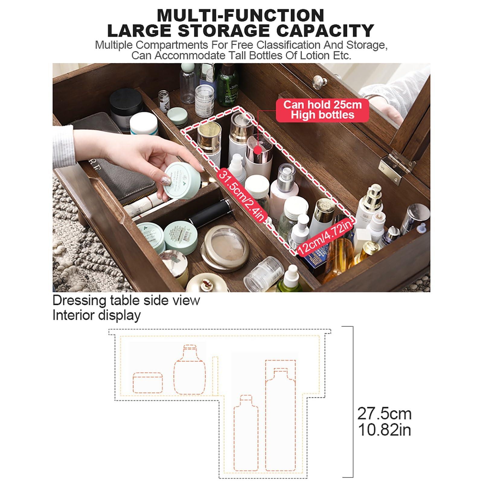 BAYTEWJX Small Vanity Table for Bedroom Vanity Desk with Mirror Makeup Vanity Table Front High-Definition Silver Mirror Large Storage Capacity Easy to Move Space-Saving for Women Girls Bedroom.(Walnut)