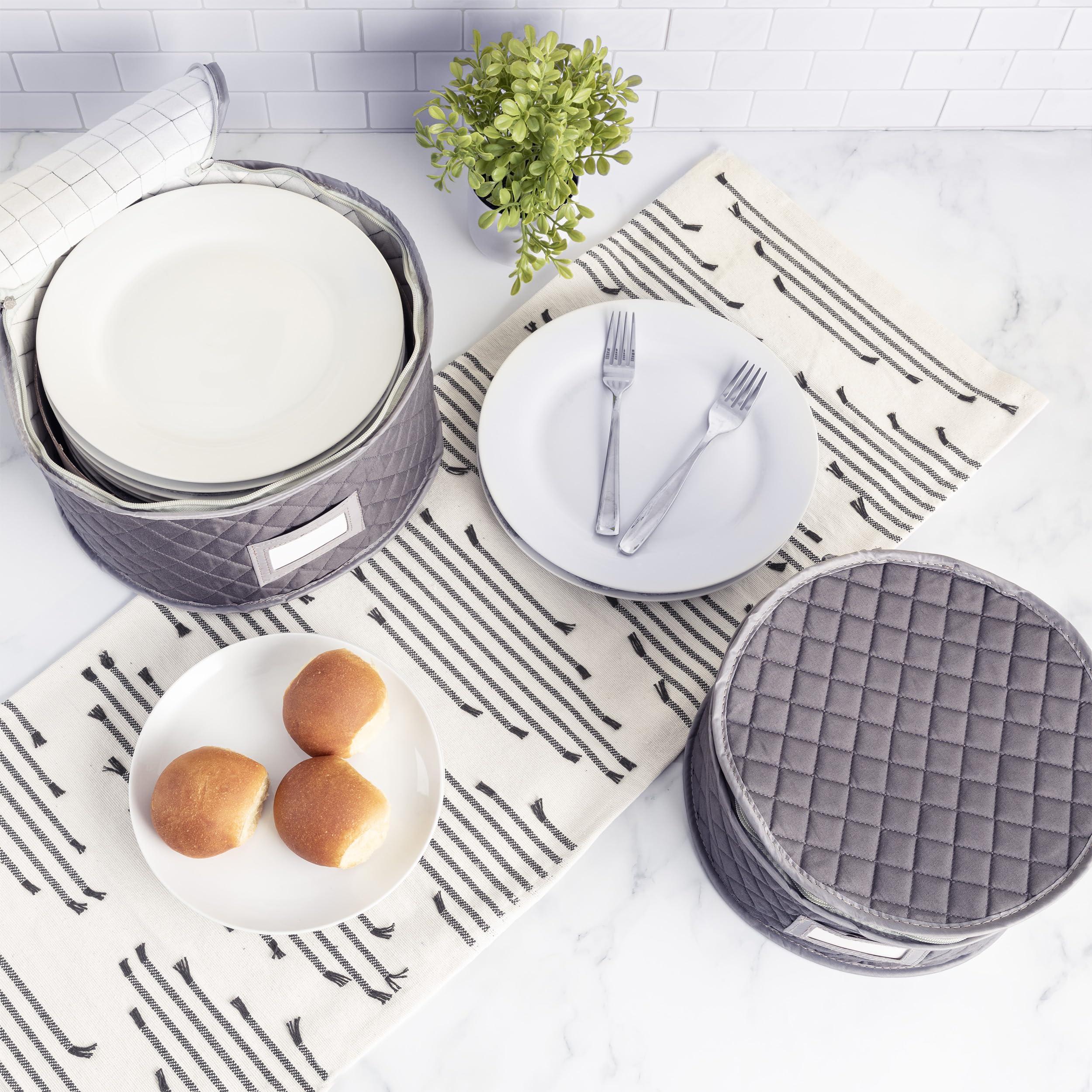 Stack Store Plus More Fine China Storage - Set of 4 Quilted Cases for Dinnerware Storage. Sizes: 12" - 10" - 8" and 7" Wide - Gray - 48 Felt Plate Separators Included