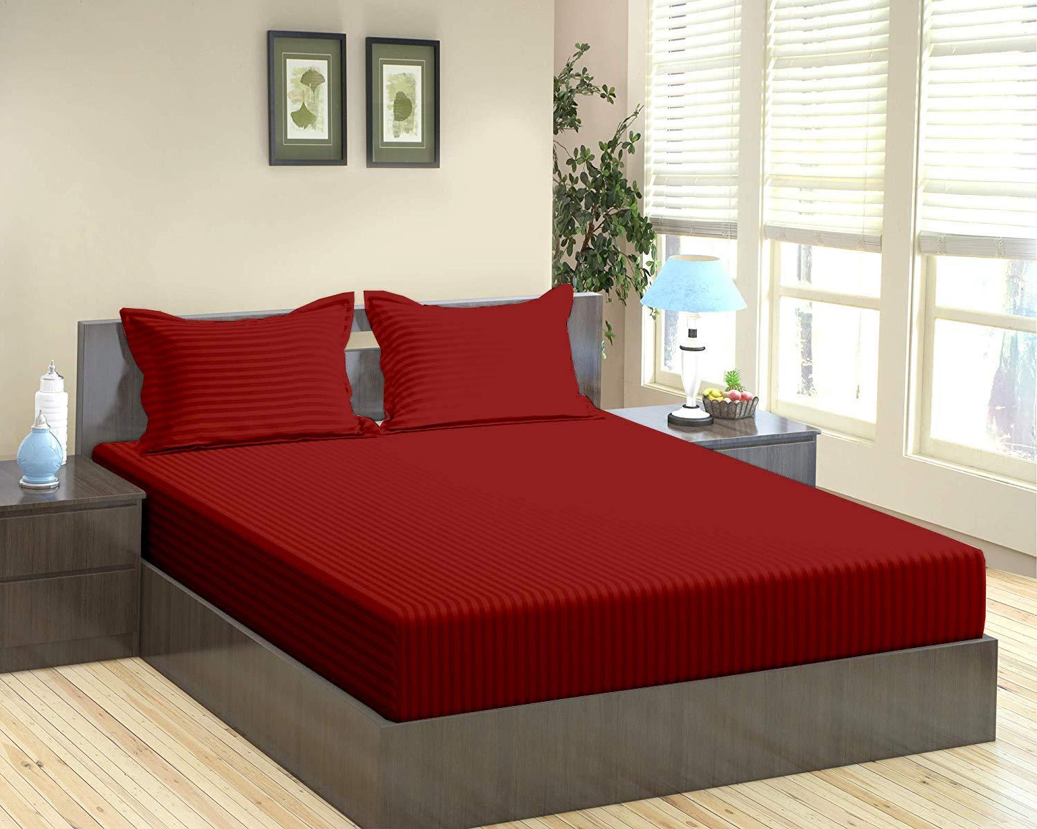 Cottington Lane California King Size Sheet Set-100% Egyptian Cotton Bed Sheets-400 TC Cotton Sheets-4 Piece Sheet Set Fits Mattress Upto 16 Inch Deep Pocket Fitted Sheet-72 x 84 Size Sheets for Burgundy Stripe Bed