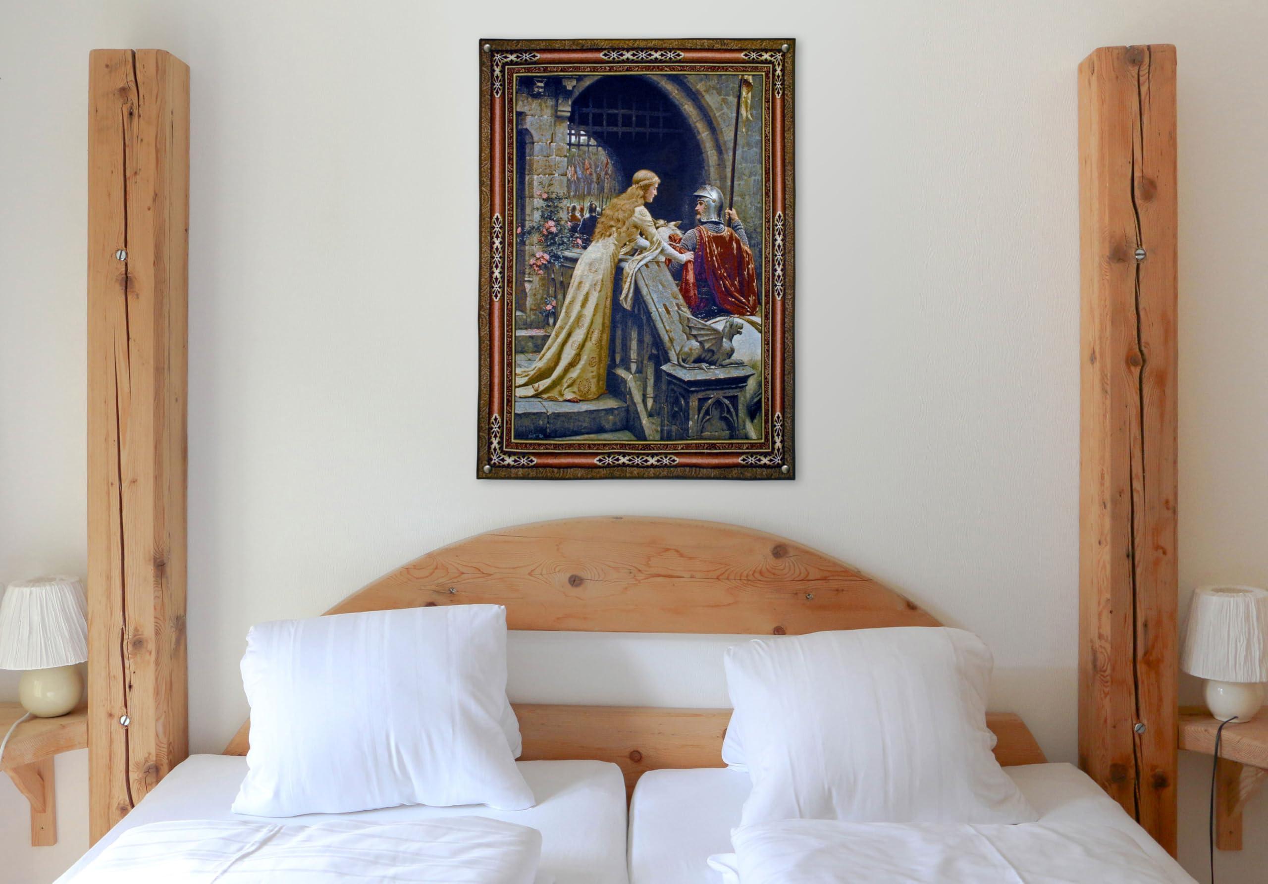 Fine Art Tapestries Godspeed by Edmund Blair Leighton | Woven Tapestry Wall Art Hanging | Medieval Lady with Arthurian Knight | 100% Cotton USA Size 53x40