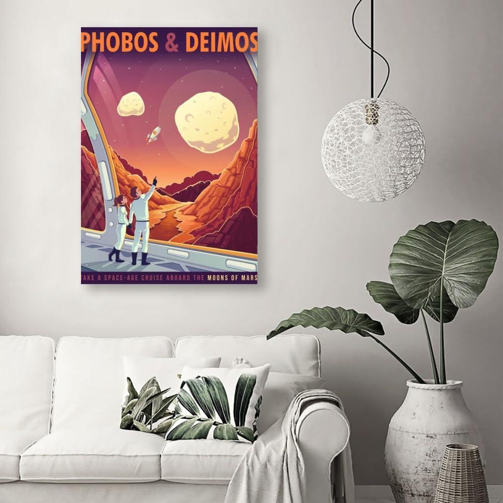 LuminDaze LuminDaze Phobos and Deimos Poster Retro Space Wall Art Outer Space Travel Picture Decoration Exoplanet Galaxy Mars Planet Exploration Art Canvas Print Retro Futuristic 20x30inch Unframed, style-14