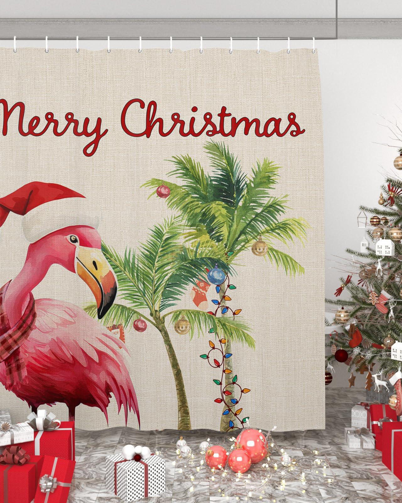 PIEPLE PIEPLE Christmas Flamingos Shower Curtain, Waterproof Washable Boho Funny Cute Shower Curtains Set for Bathroom Bathtubs Curtains Decor Set, 72\" Wx72 L with Hooks Xmas Balls Tree Rustic