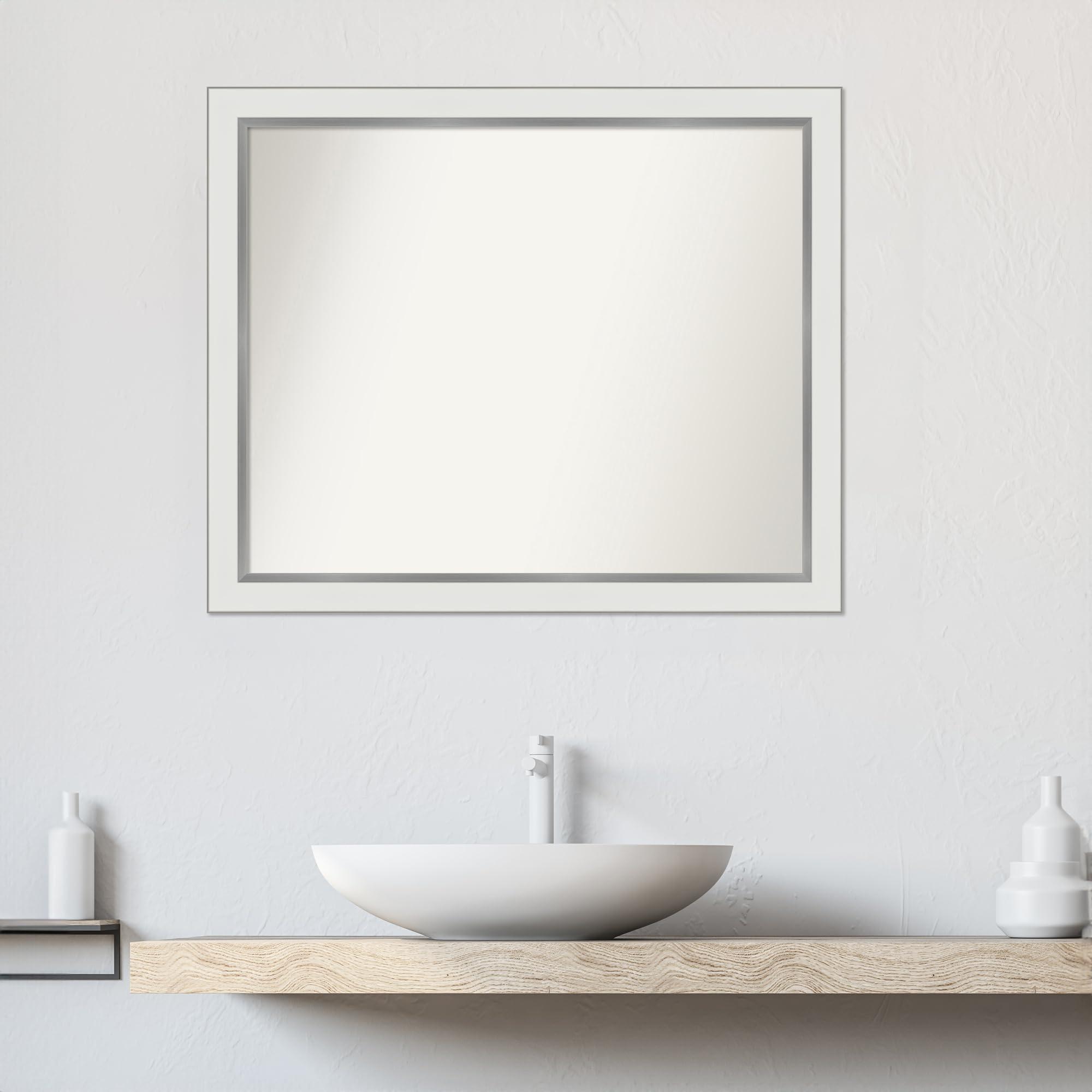 Amanti Art Amanti Art White Bathroom Mirror for Over Sink, 24x29 Custom Made Eva White Silver Narrow Rectangle Vanity Mirror, Medium Modern Wood Frame, Hangs Horizonally and Vertically, Wall Decor from WI, USA
