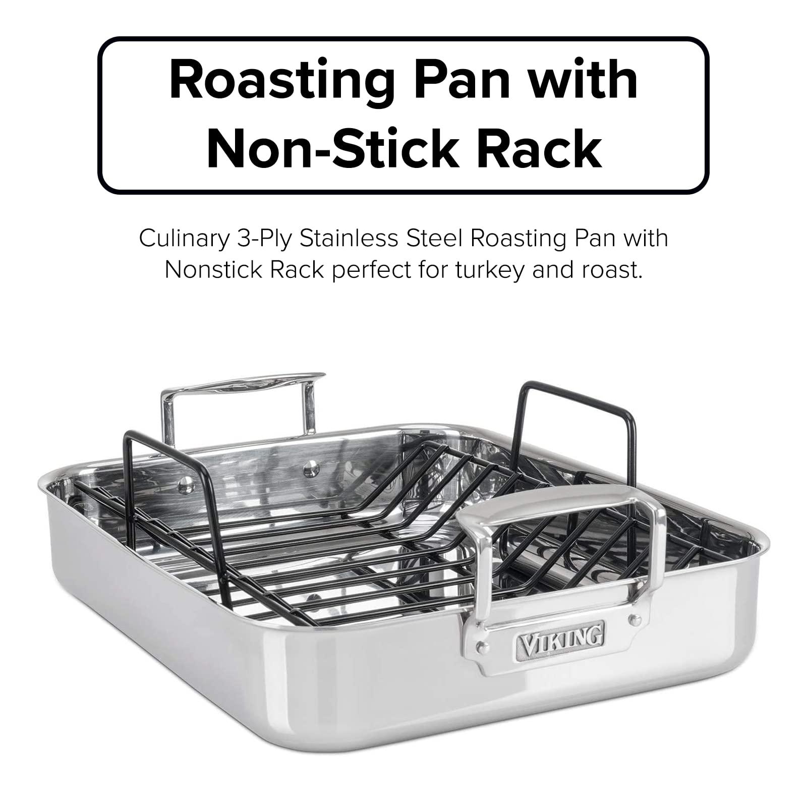 Viking Culinary Viking Culinary 3-Ply Stainless Steel Roasting Pan, Includes a Nonstick Rack, Dishwasher, Oven Safe, Works on All Cooktops including Induction