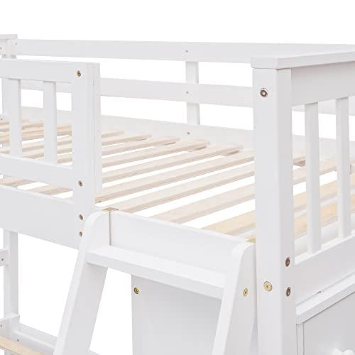 Brabrety Twin Over Full Wooden Bunk Bed with Six Drawers and Three Flexible Shelves, Bottom Platform Bed with Wheels can Movable.Suitable for children\'s and teenagers\' bedrooms or dormitories (White#V)