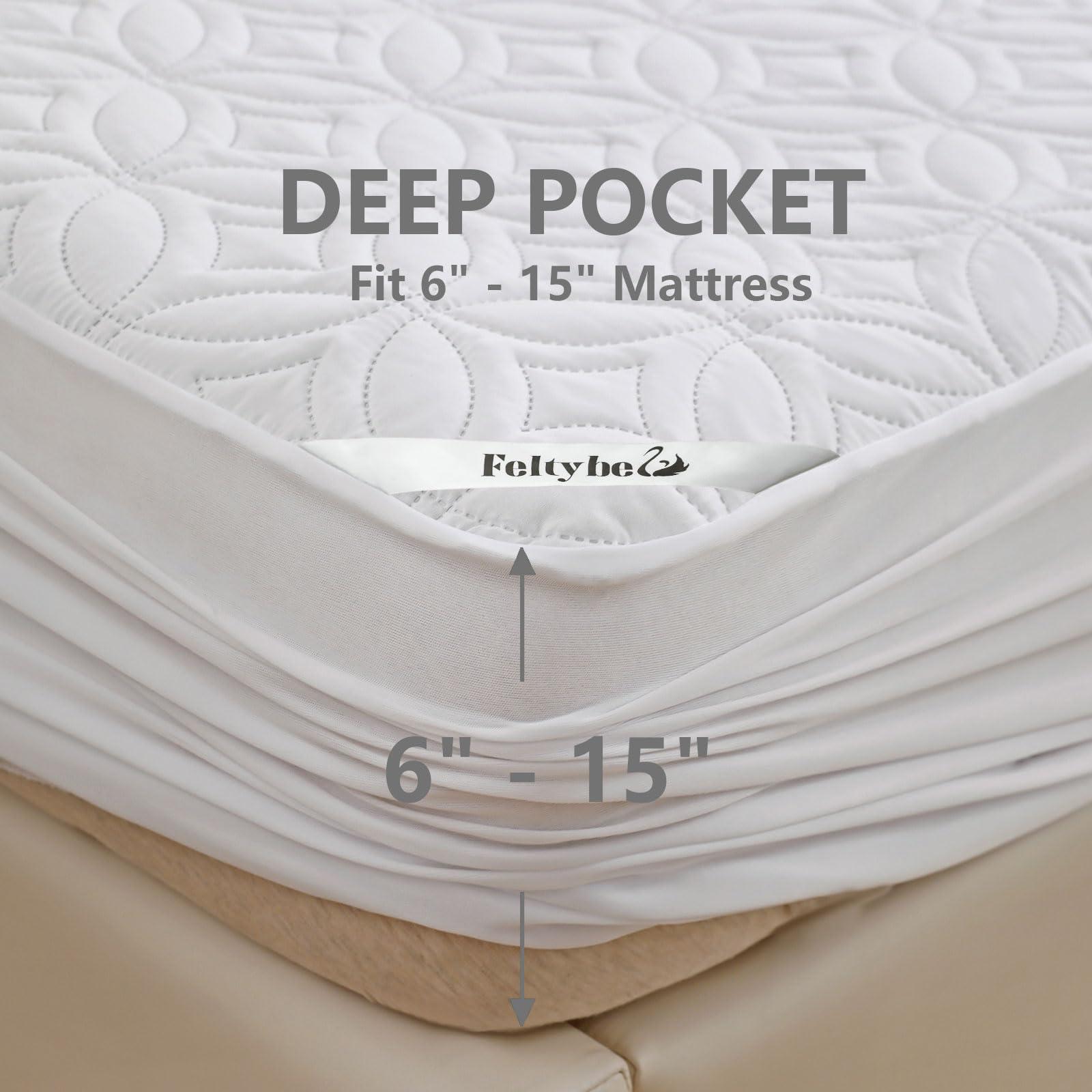 FELTYBED FELTYBED King Size Waterproof Mattress Protector, Soft Bed Mattress Cover King, Breathable Mattress Pad Cover with Deep Pocket 6"- 15", Noiseless Washable White