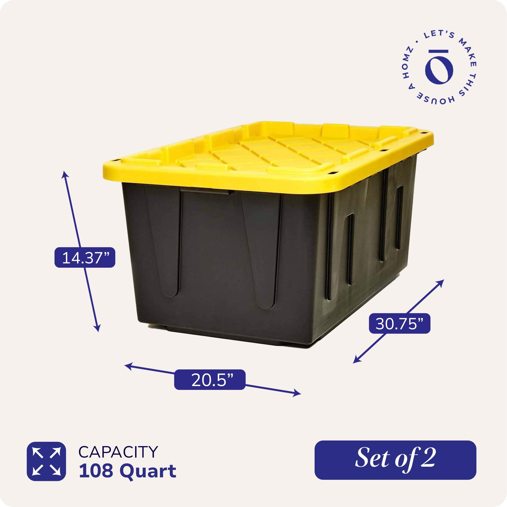 HOMZ HOMZ 2-Pack Durabilt, Heavy Duty Plastic Storage Bins with Lids, 27 Gallon, Black/Yellow
