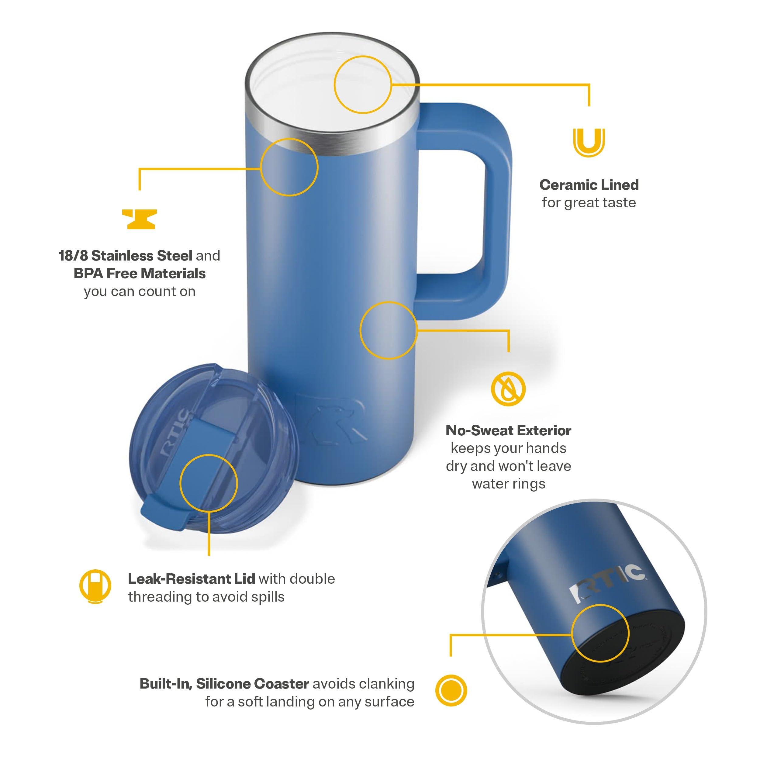 RTIC RTIC 20oz Road Trip Travel Mug with Lid and Handle, Insulated, Stainless Steel, Metal, Double Wall Vacuum-Insulation, Ceramic Lined, Portable Coffee, Tea Cup for Hot and Cold Drink, Pond