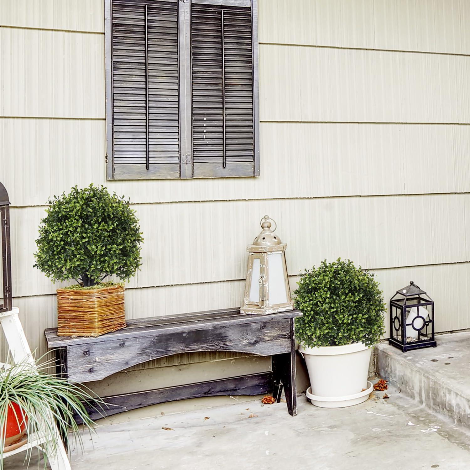 Azoco Azoco 27 Realistic Artificial Topiary Trees Set of 2, Faux Boxwood Plants Outdoor with Cement Planter, UV-Resistant Fake Evergreen Potted Ball Bushes & Shrubs for Front Porch Patio Entryway Decor