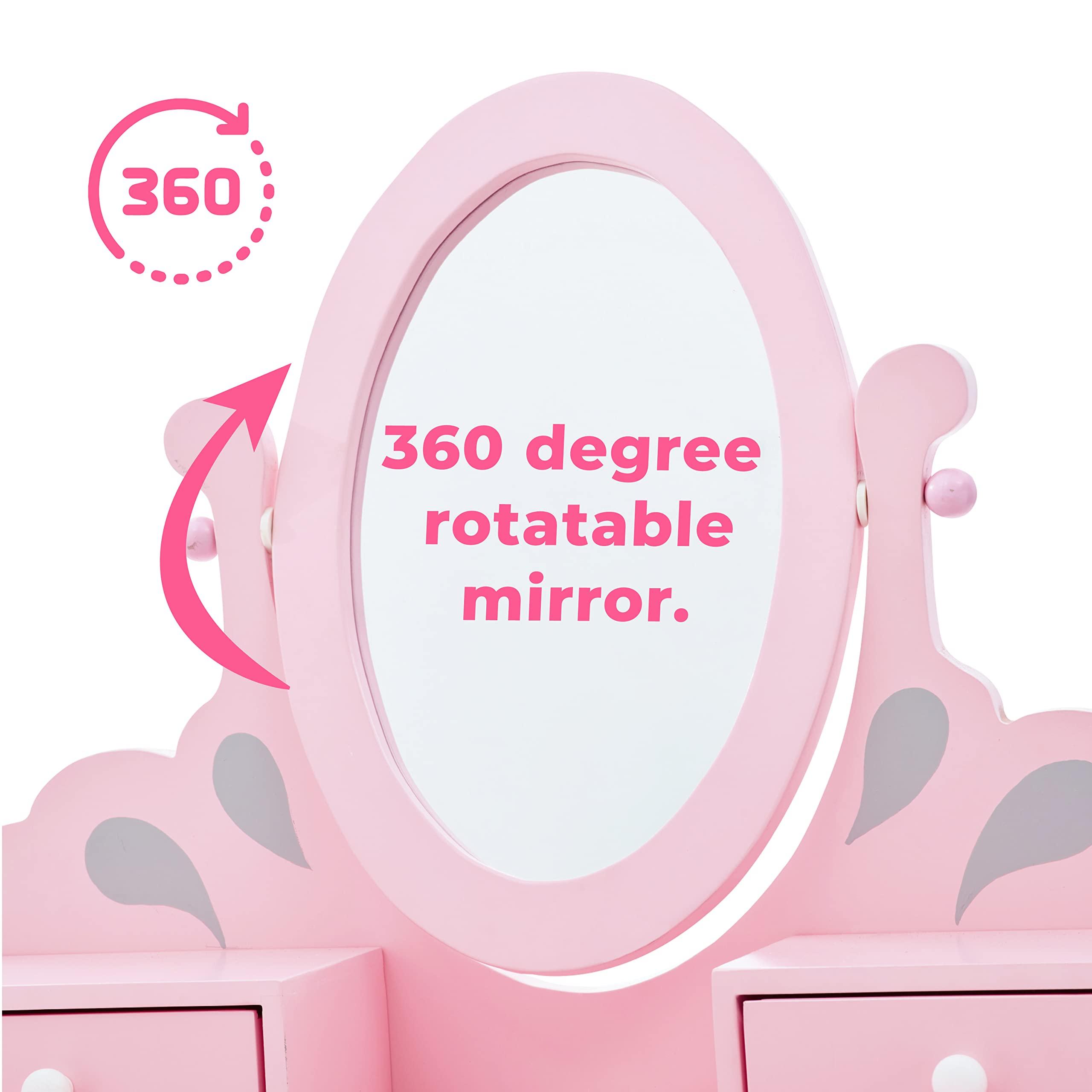 Teamson Kids Teamson Kids Princess Rapunzel Wooden 2-pc. Play Vanity Set with Three Storage Drawers, Rotating Oval Mirror and Matching Stool to Play Dress-Up, Princess or Beauty Salon, Pink and Gray
