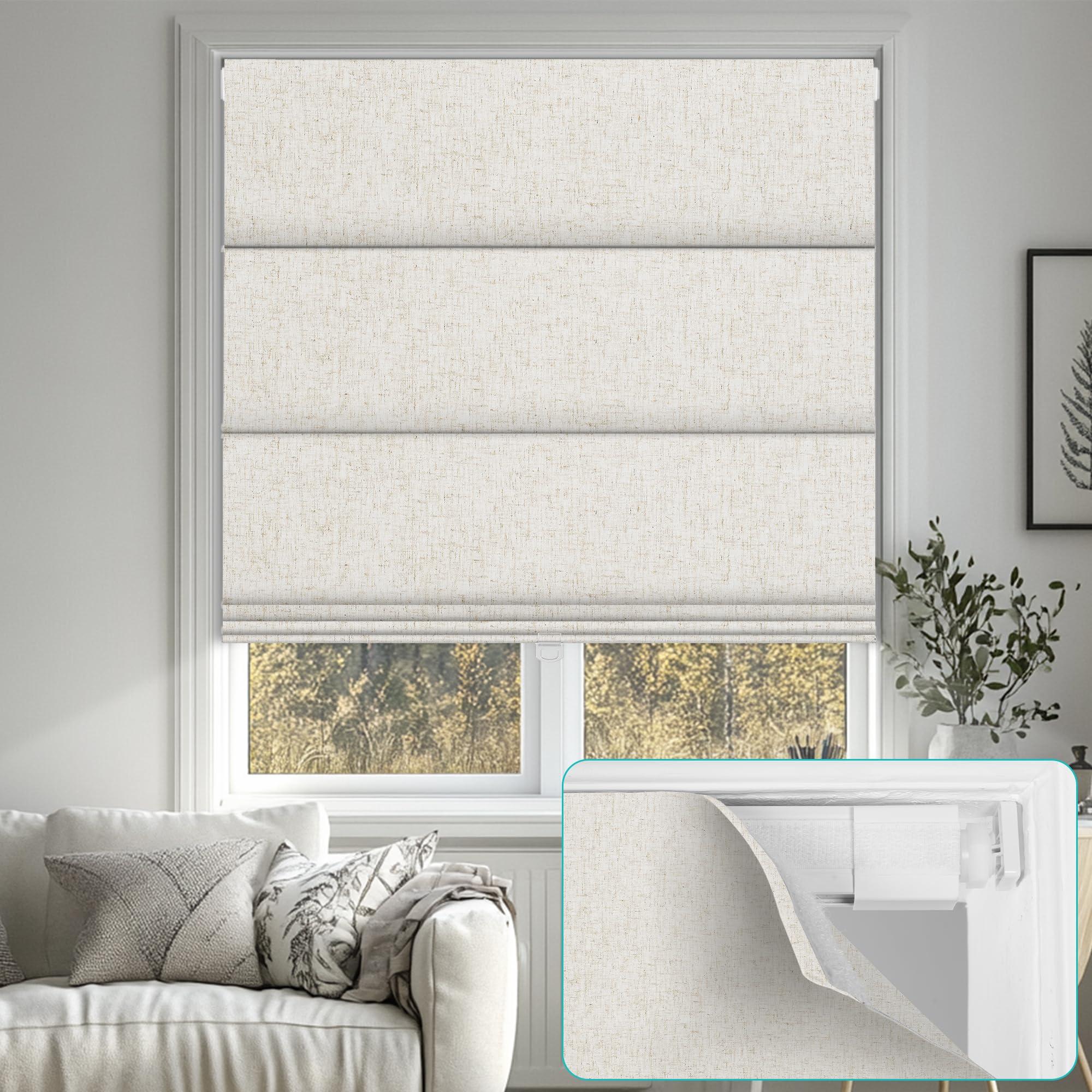 BERISSA BERISSA No Drill Cordless Roman Shades for Window, Blackout Roman Blinds Room Darkening Roll up Blinds Easy Install Linen Roman Window Shades for Inside Mount,34" W x 90" H,Linen Beige
