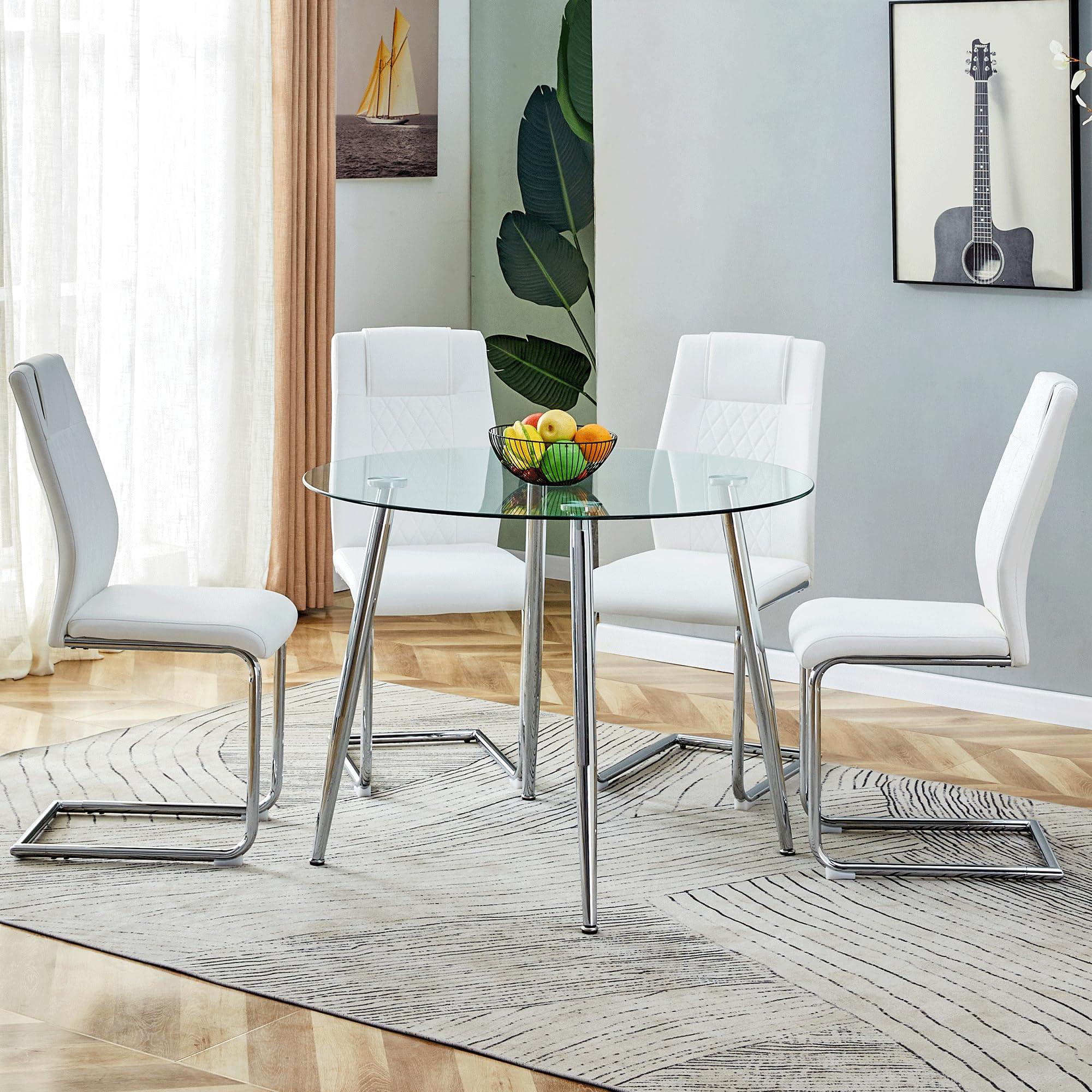 WEKEOT WEKEOT 40'' Modern Glass Dining Table Set for 4 Round Kitchen Table and Chairs Set Thick Glass Round Dining Room Table Set with Upholstered Chairs(1Table+4White Chairs)