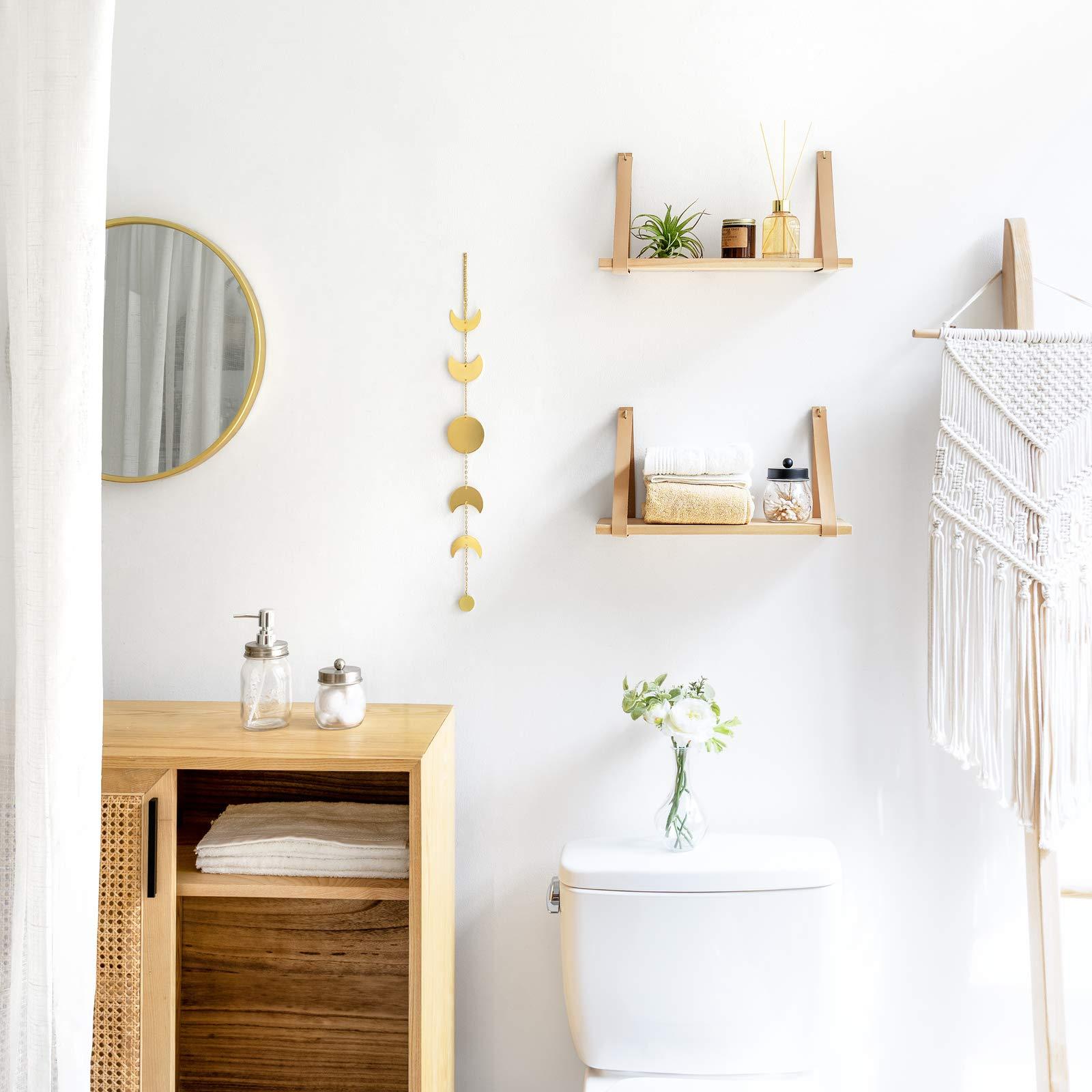 Mkono Mkono Leather Strap Swing Organizer and Macrame Hanging Shelf Boho Wall Decor 2 Tier Handmade Cotton Rope Rustic Wood Floating Shelves