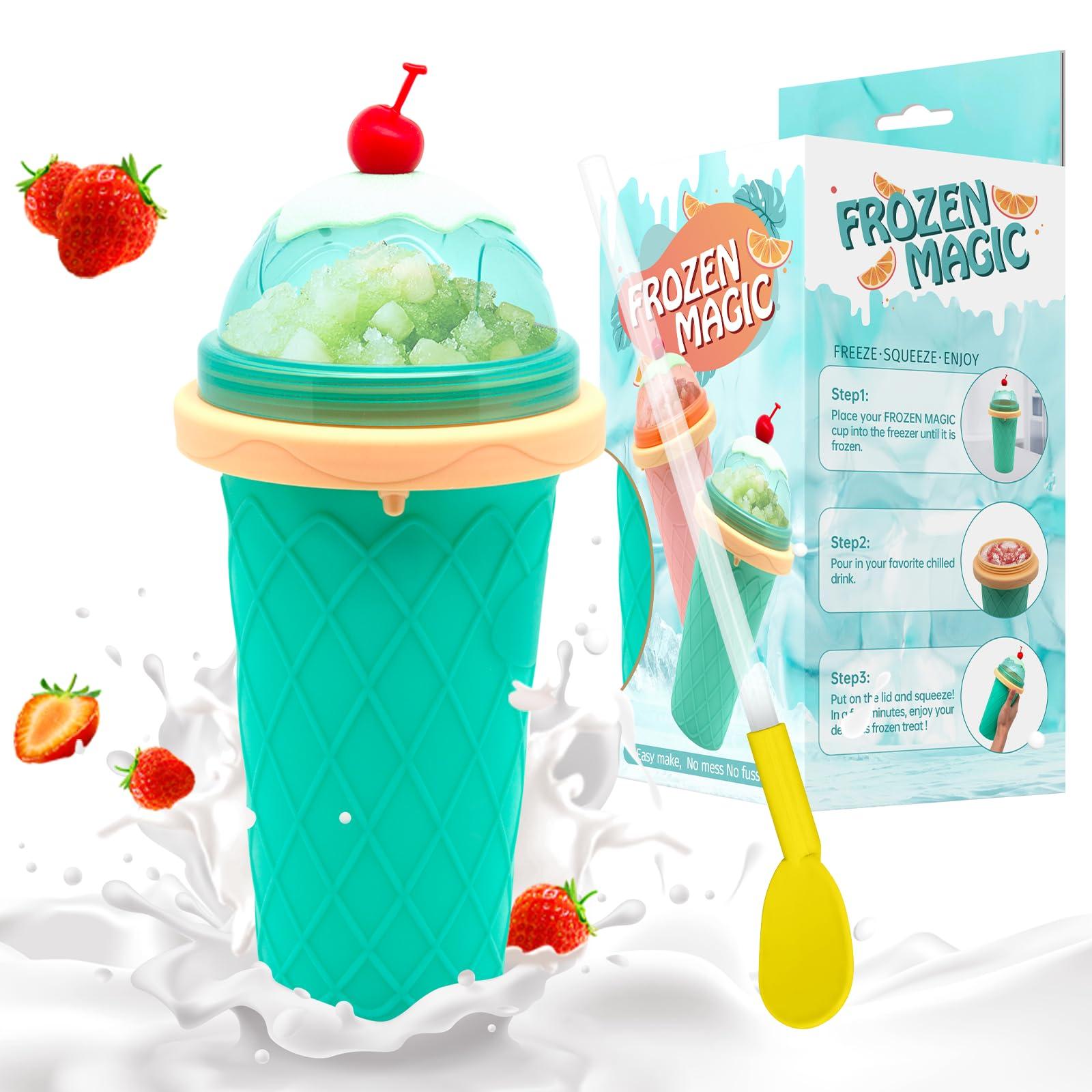 Bollove Slushie Cup, Smoothie Cups with Lids & Straws, Slushy Cup for Juices, Milk and Ice Cream Make, Portable Frozen Magic Slushie Cup Maker for Kids, Friends and Family (Green)
