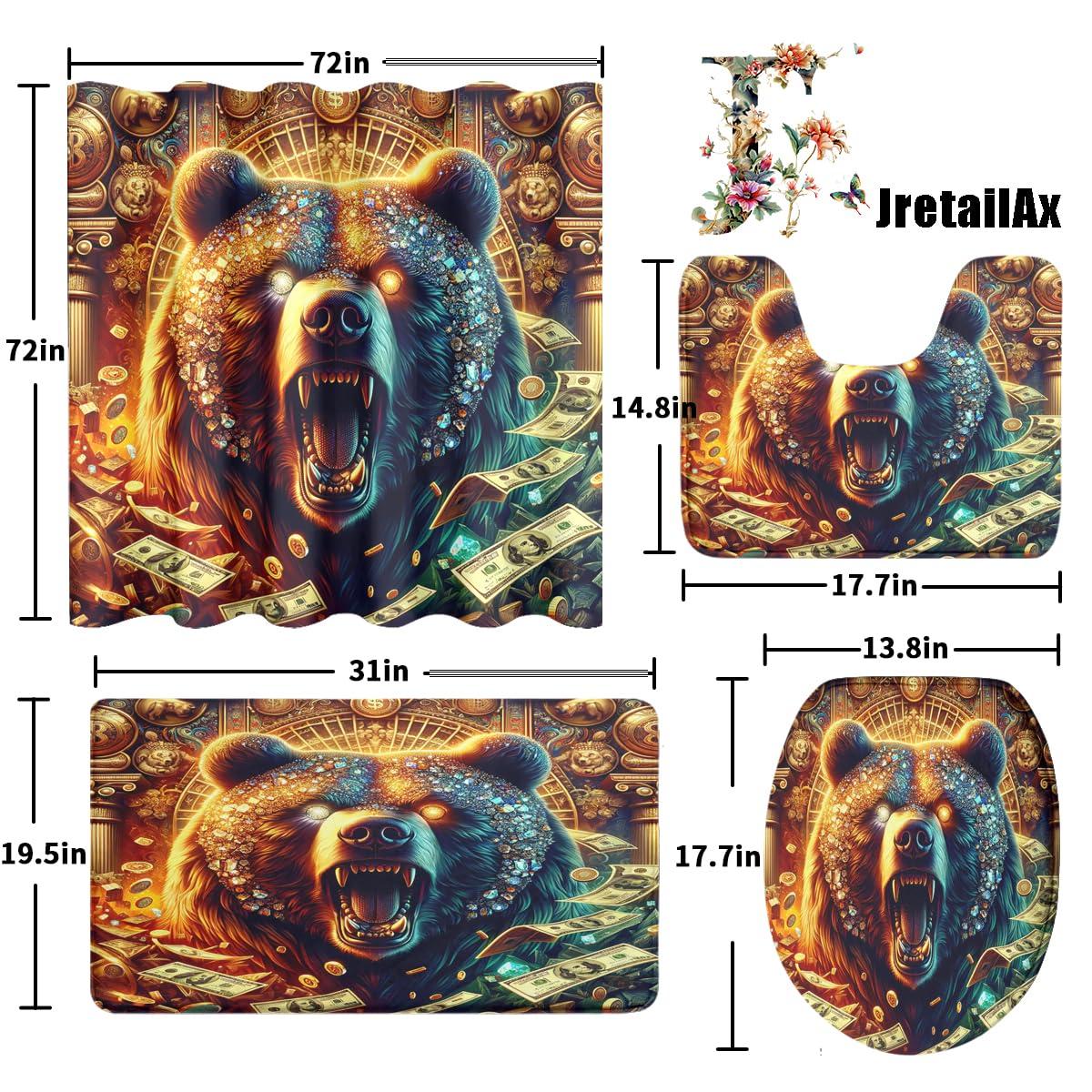 JretailAx Cool Cabin Wildlife Bear 4 Piece Shower Curtain Sets,Modern 100 Dollar Bill Cash Theme Angry Bear Non-Slip Rugs,Toilet Lid Cover and Bath Mat,Durable and Waterproof,for Bathroom Decor Set