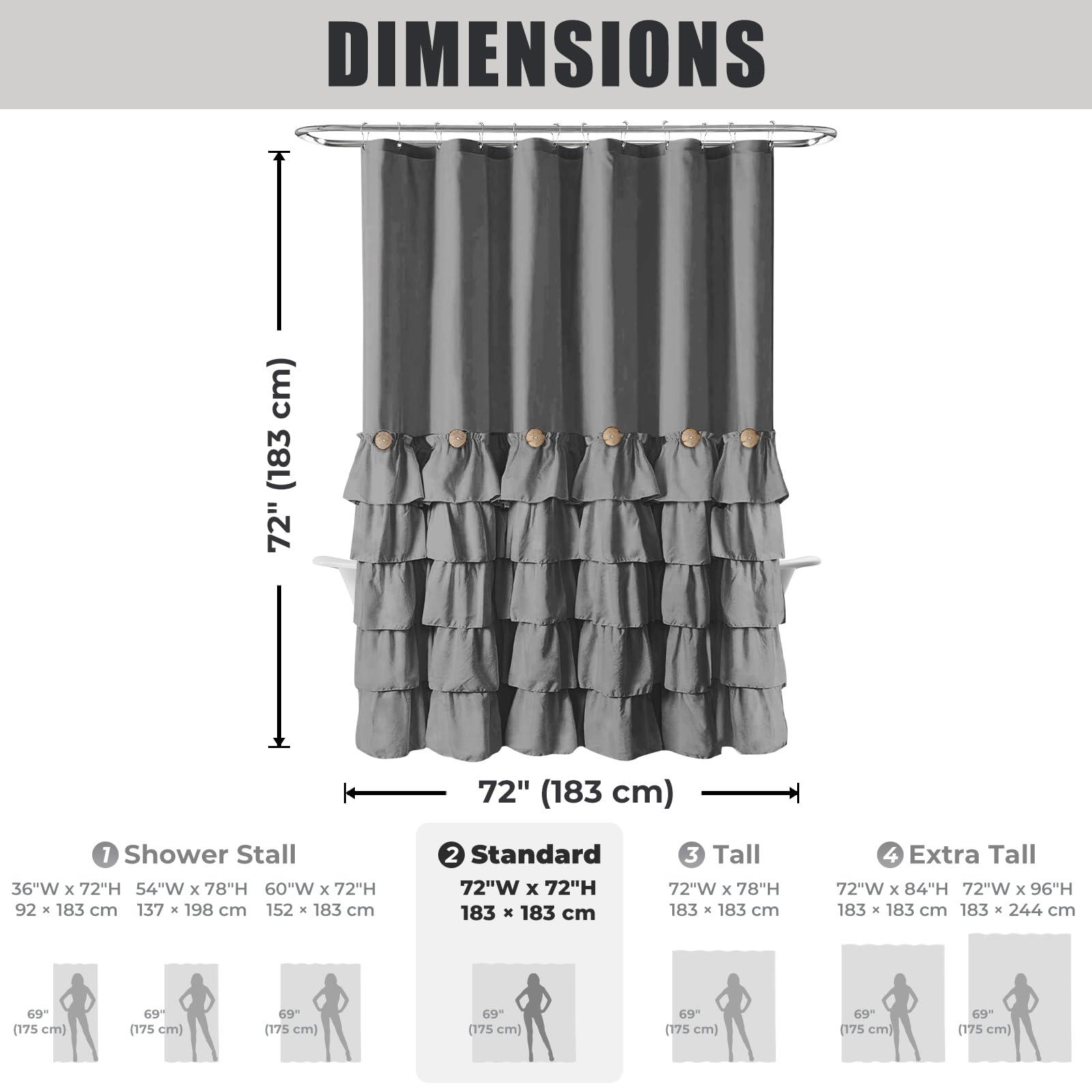 Seasonwood Grey Ruffle Button Shower Curtain Farmhouse Shower Curtain Set with 12 Hooks 72 X 72 inch Fabric Shower Curtains for Bathroom Bathtubs Decor Accessory Shabby Chic French Country Style