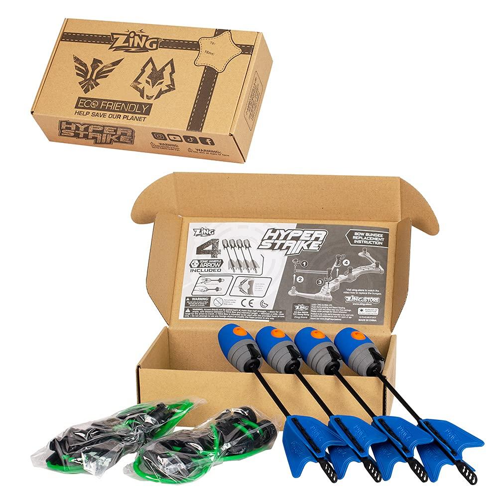 Zing Zing HyperStrike Bow Bungee Replacement and Arrow Refill Pack - Includes 2 Green HyperStrike Bungee Sets and 4 Blue Zonic Whistling Arrows, Launches up to 250 Feet (Blue Arrows + Green Bungees)