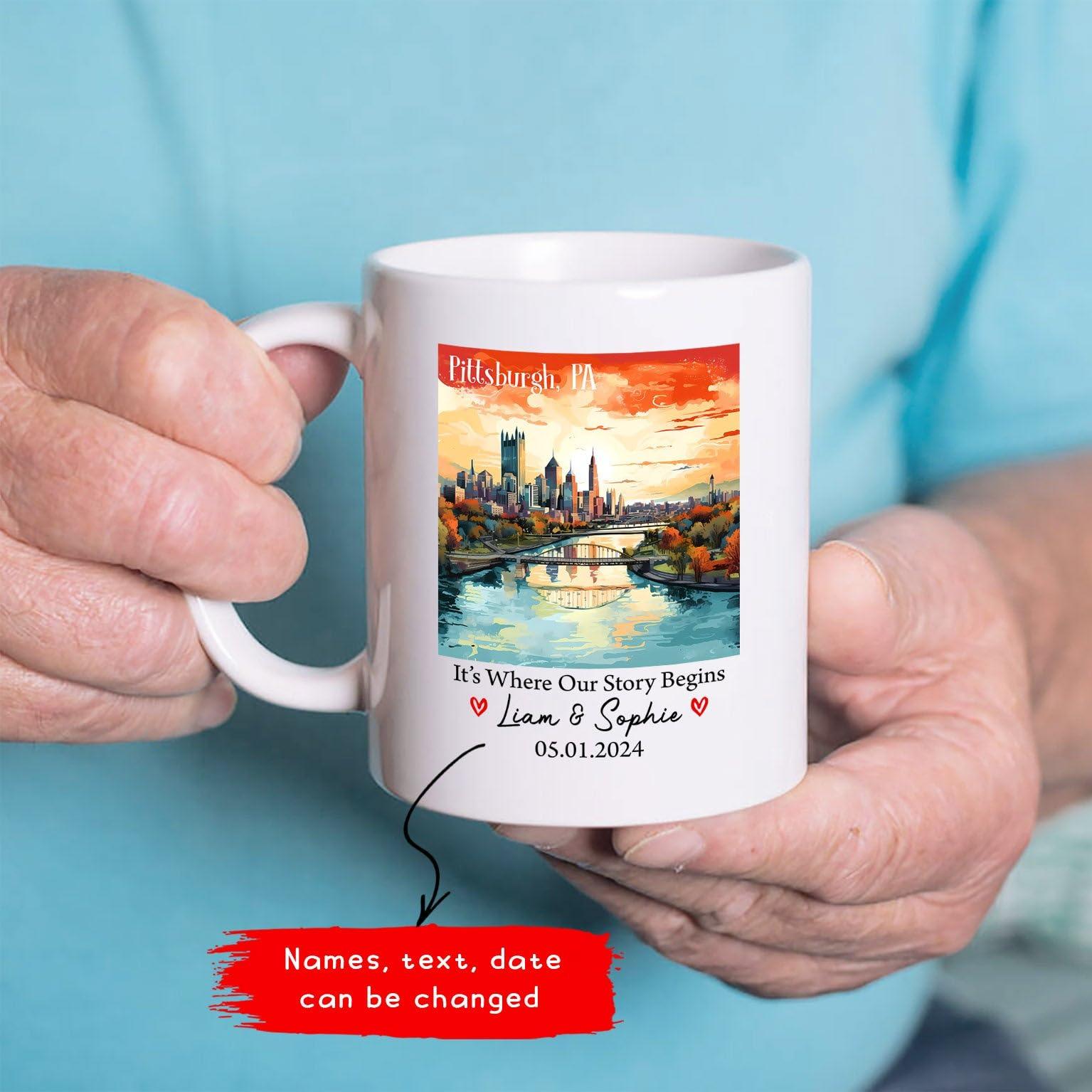 Cenluxy Personalized Pittsburgh Pennsylvania USA Coffee Mugs For Travel Lovers, It\'s Where Our Story Begins in Pittsburgh PA Ceramic Cup, Pittsburgh Lover Mug Gift, Custom Name Text Pittsburgh Porcelain Mug