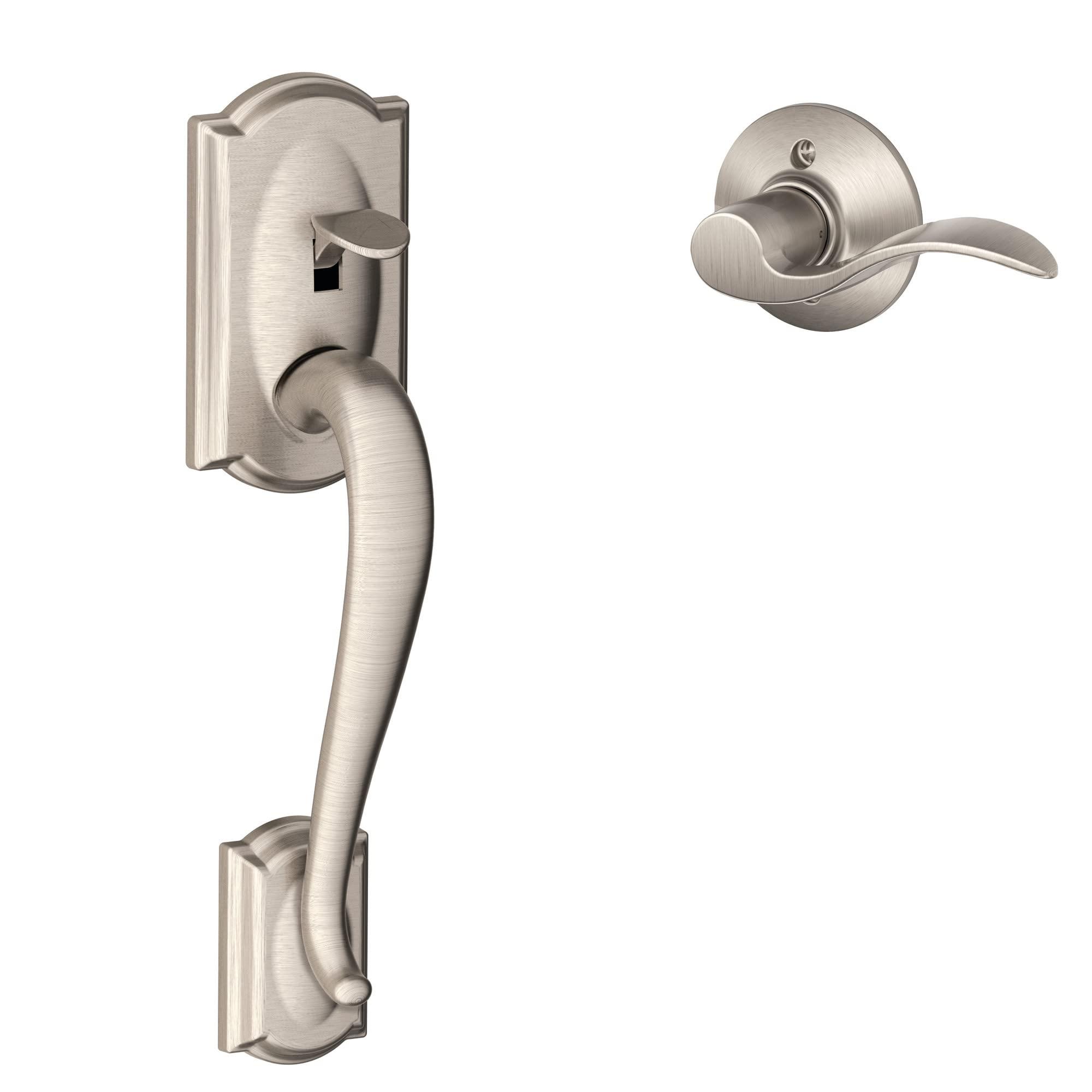 SCHLAGE Schlage FE285 CAM 619 ACC LH Camelot Front Entry Handleset with Left-Handed Accent Lever, Lower Half Grip, Satin Nickel