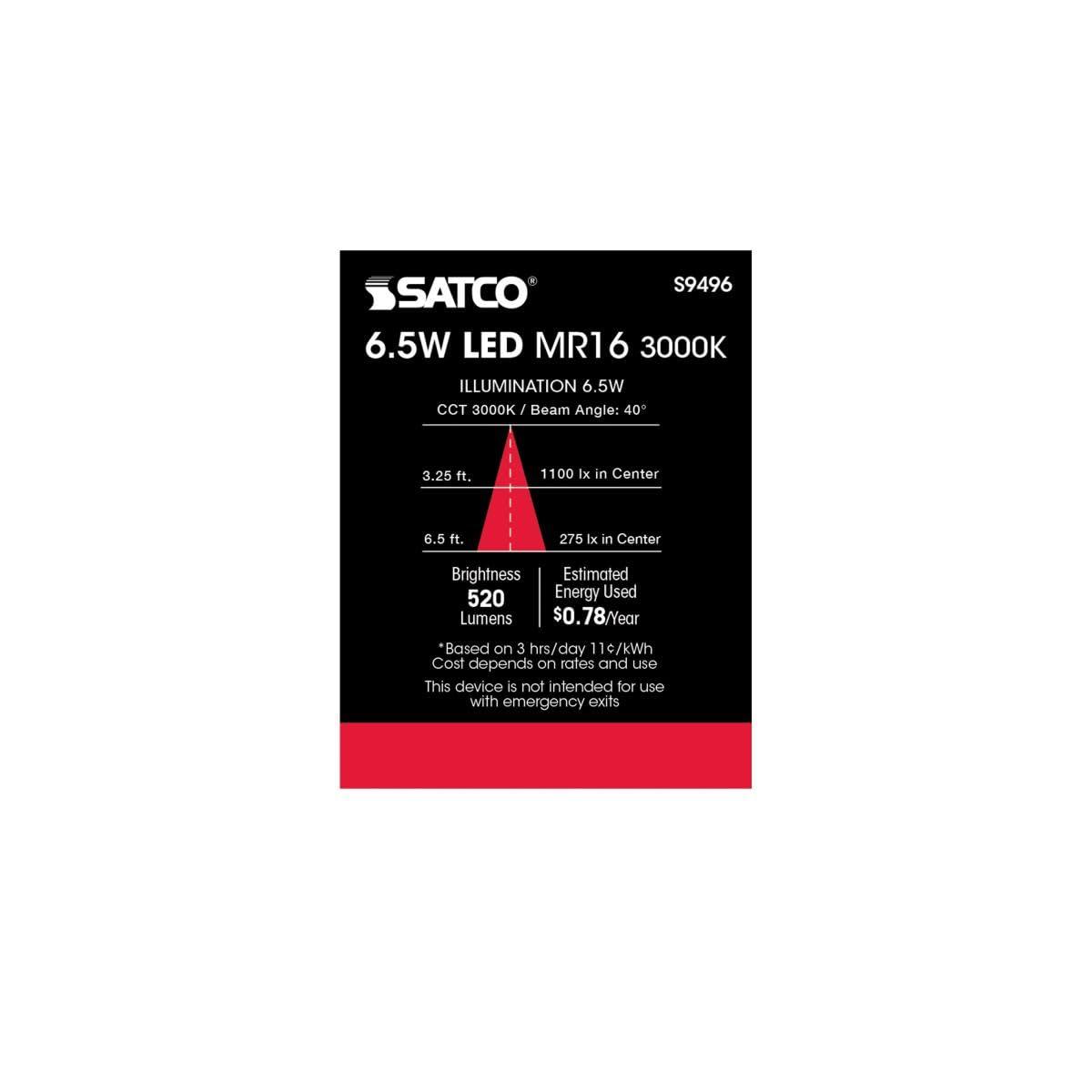 Satco Satco Lighting S9496-6.5 Watt Dimmable MR16 Low Voltage LED Light Bulbs - 3000K - 40 Degree Beam Angle - GU5.3 Base - 12 Volt AC/DC (6 Pack of Bulbs)