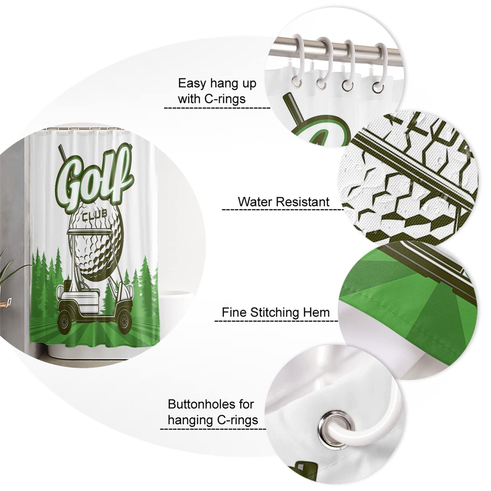 OComster Waterproof Shower Curtain, Golf Cart Polyester Fabric Bathroom Curtains with 12 Hooks, 36" W x 78" H, Golf Club Green Field Pine Tree Balls Sports Theme Quick-Drying Bathtub Curtain