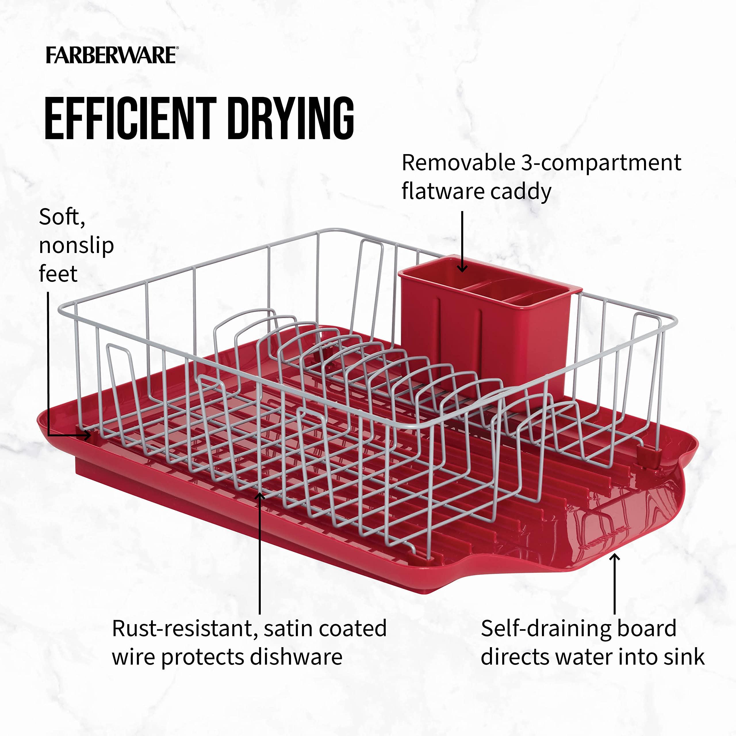 Farberware Farberware Classic Large Rust Resistant Full Dishrack with Removable 3 Compartment Flatware Caddy, Andlged Drain Board, 3-Piece, Red