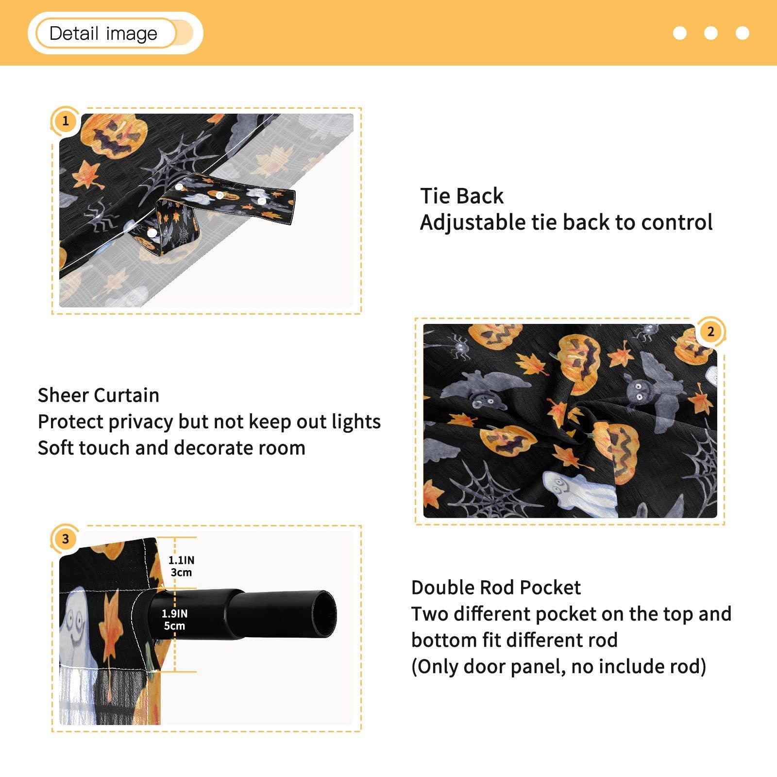 JSTEL JSTEL Halloween Ghost Sheer Door Curtain 1 Panel 54x40 Inch, Privacy Semitransparent French Door Curtain with Top and Bottom Rod Pocket,Tieback Included