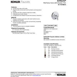 Kohler Kohler K-T72768-4-CP Artifacts Rite-Temp Pressure-Balancing Valve Trim with Push-Button Diverter and Lever Handle, Polished Chrome