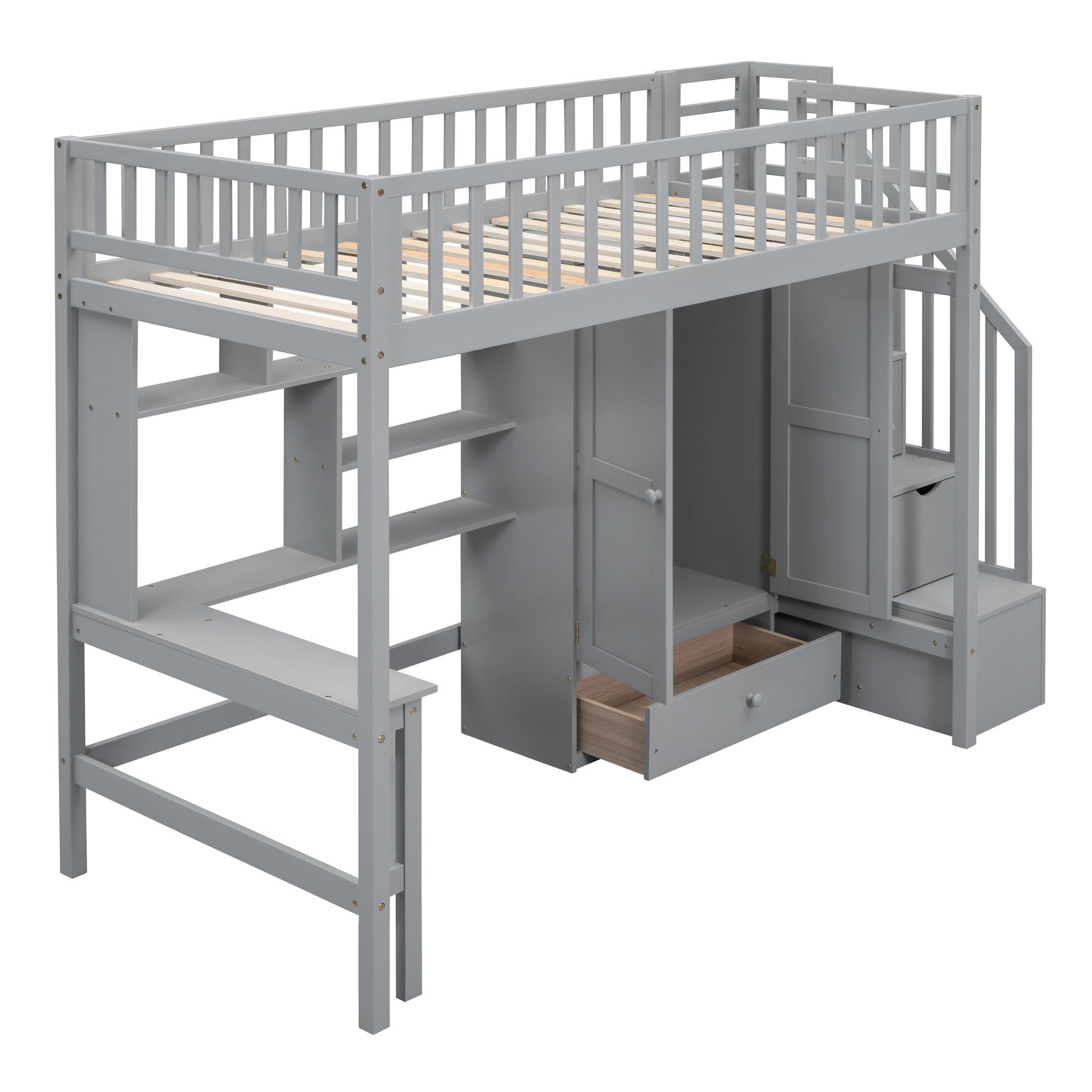 NicBex NicBex Loft Bed with Desk Loft Bed with Desk and Storage Queen Bed Frame with Storage Bunk Bed with Desk Underneath The Lower Level is a Wardrobe Suitable for Families with Many Children, Gray