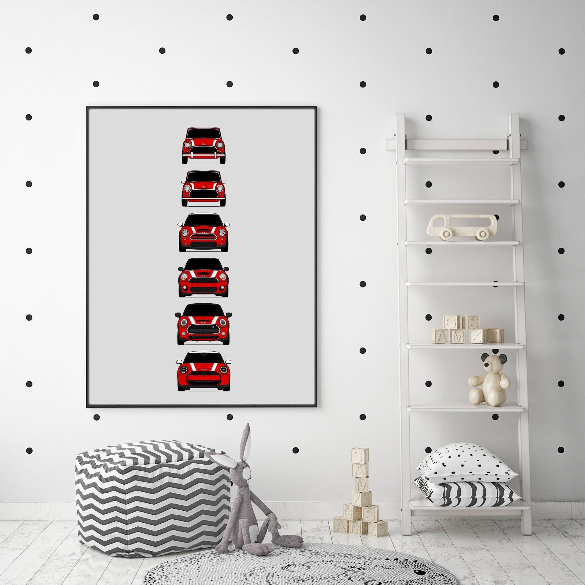 Custom Car Posters Custom Car Posters History of Mini Cooper Generations and Handmade Print of Mini - Red with White Stripes, 24x36\" Satin Print (Unframed)- Gift Car Enthusiast