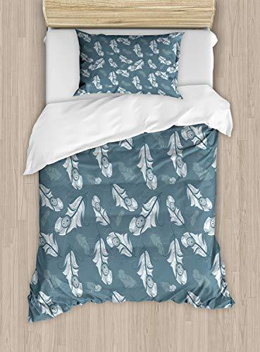 Lunarable Lunarable Peacock Duvet Cover Set, Modern Peacock Feathers Ornamental Pattern, Decorative 2 Piece Bedding Set with 1 Pillow Sham, Twin Size, Blue Grey and Dust