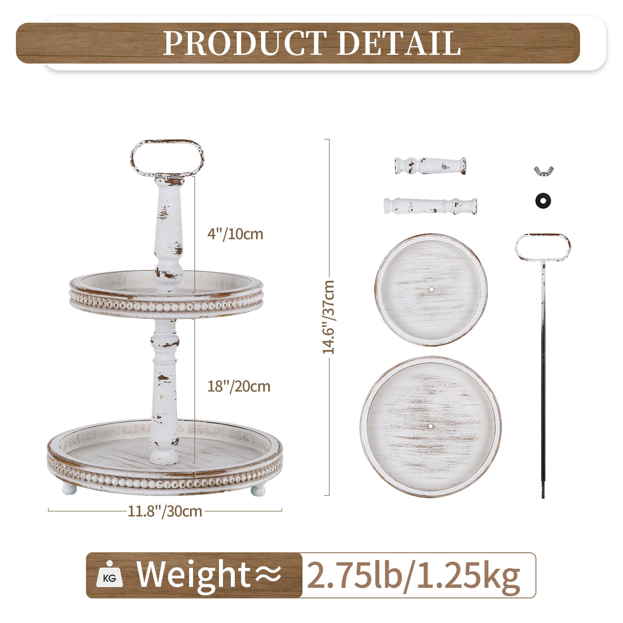 Hanobe Hanobe Two Tiered Tray Stand: Farmhouse 2 Tier Decorative Tray White Round Wooden Serving Tray Rustic Coffee Table Centerpieces Living Room Kitchen Home Decor Fall Halloween for Mom.