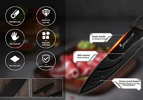 MAYiT Kitchen Knife Sets, 6pcs Black Knives Set Professional Chef Knife Tool DIY Roll Bag Portable Knives Kitchen Tools Slicing Santoku Fruit Knife with cover