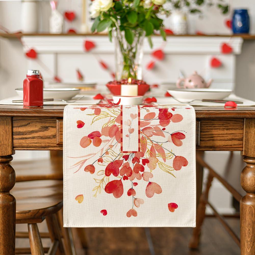 Artoid Mode Artoid Mode Red Heart Branch Valentine\'s Day Table Runner, Seasonal Leaf Kitchen Dining Table Decoration for Home Party Decor 13x72 Inch