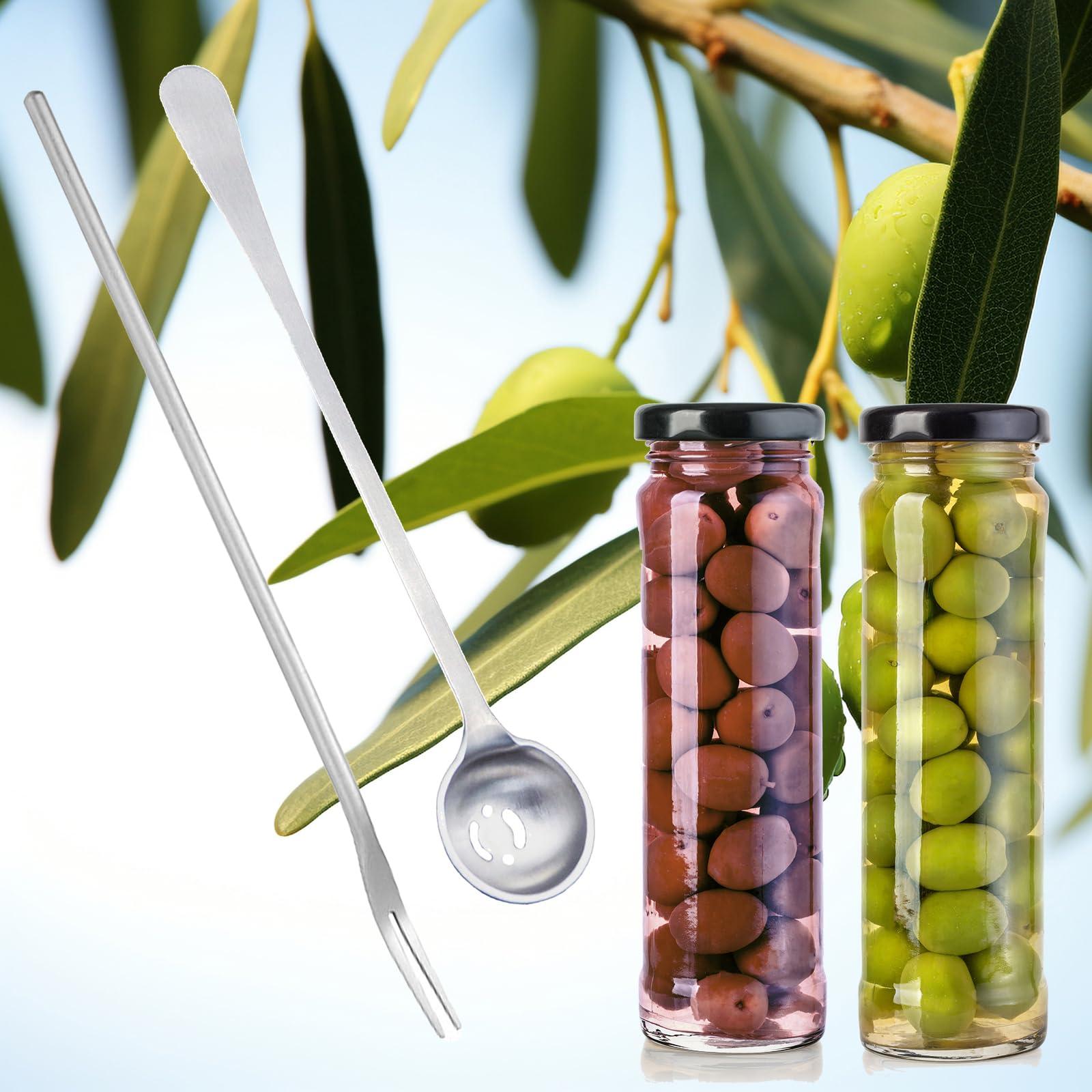 Asanta 4 PCS Olive Spoon and Pickle Fork, 7.5 Inch Olive Spoons with Holes, 8.6 Inch Pickle Forks for the Jar, Stainless Steel Long Handle Food Picker for Pickle, Asanta Jars Serving Spoon and Fork Set