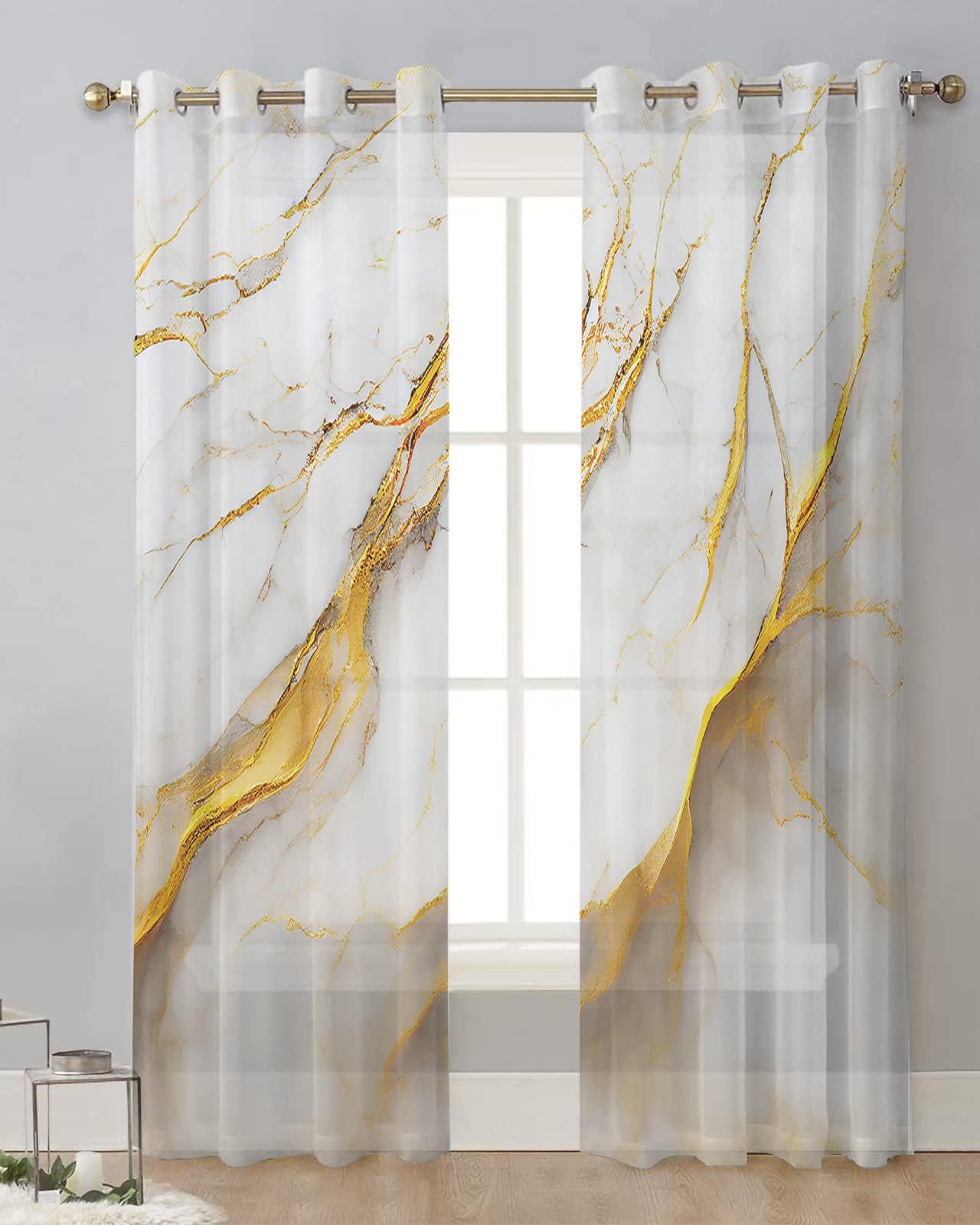Homechoid Marble Gold Grey Sheer Curtains 45 Inches Long 2 Panel Set, Modern Abstract Minimalist Art Light-Filtering Semi Sheer Drapes Window Curtains for Living Room/Bedroom 52x45x2