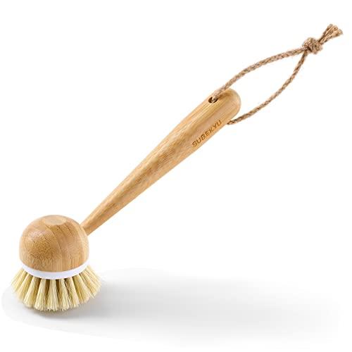 SUBEKYU SUBEKYU Dish Brush with Handle, Natural Bamboo Dish Scrubber Brush, Kitchen Dishwashing Brush for Cleaning Dishes/Pans/Pots/Sinks, Sisal Bristles, 2P
